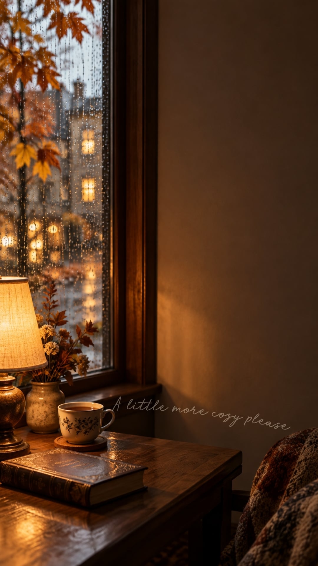 A Little More Cozy Please fall quote wallpaper with a lamp, book and rainy autumn window.