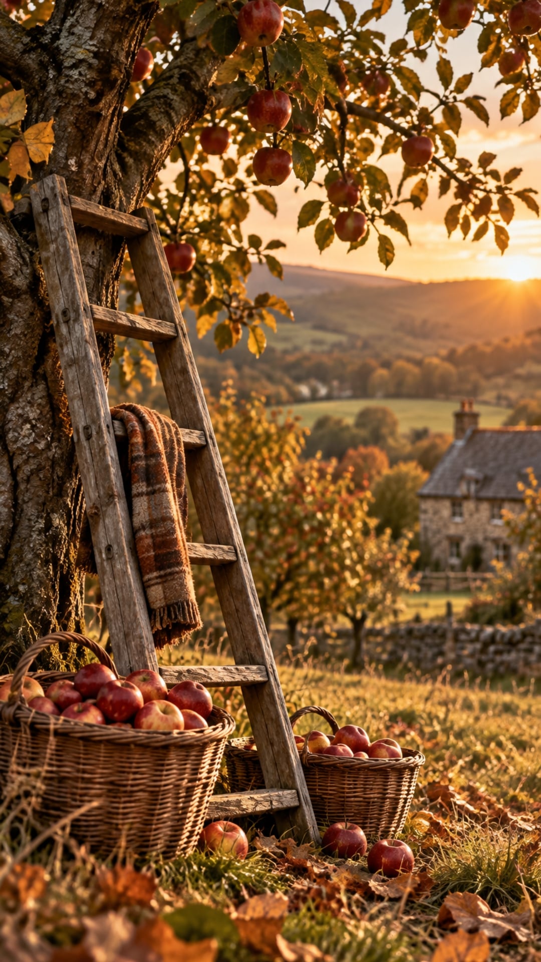 Fall iPhone wallpaper with an apple orchard, wooden ladder and baskets of freshly picked apples.
