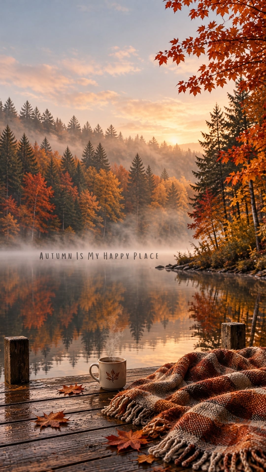 Autumn Is My Happy Place quote iphone wallpaper with a colourful forest and lake.