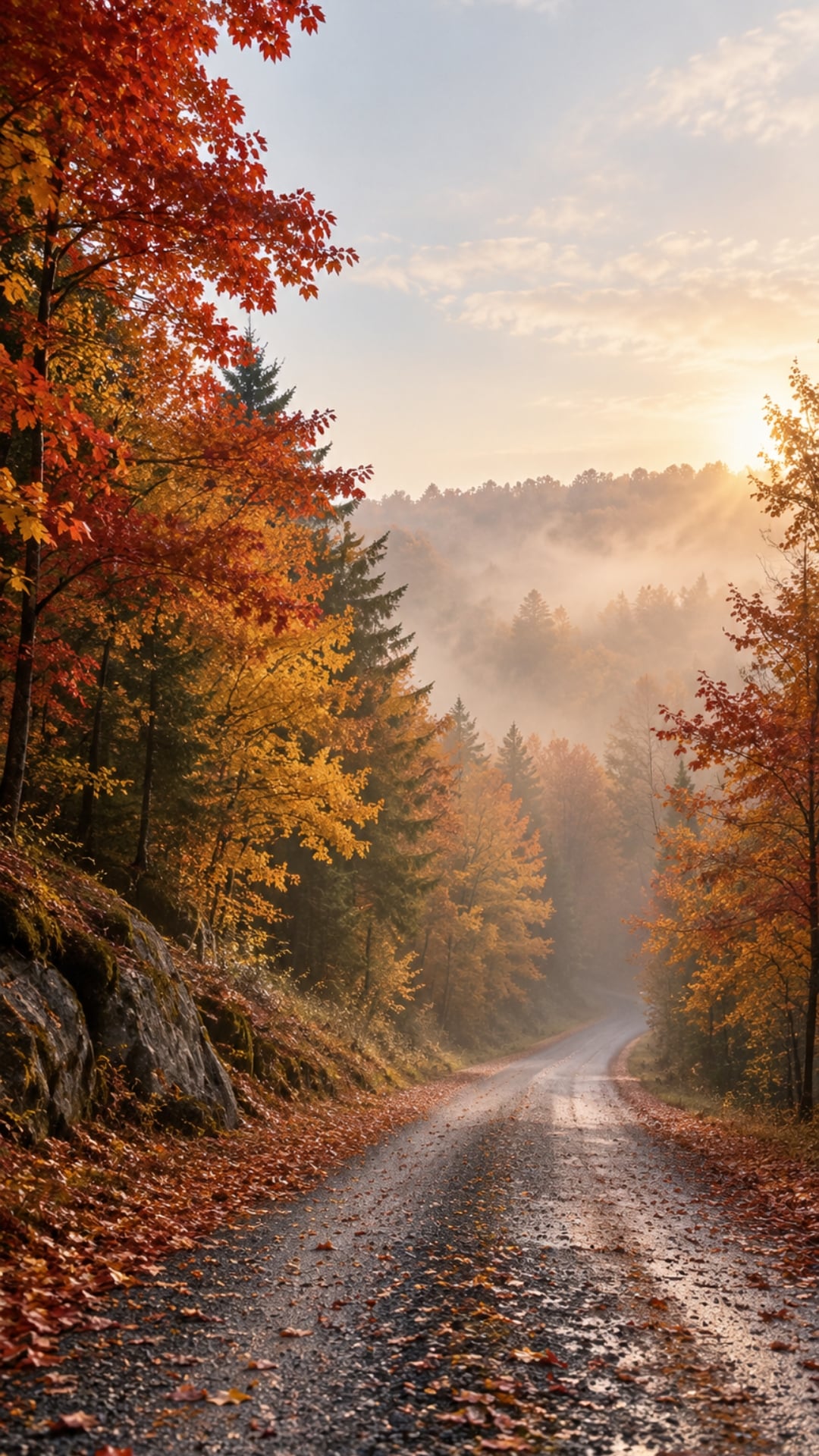 Autumn nature iPhone wallpaper with a misty country road beneath red and golden maple trees.
