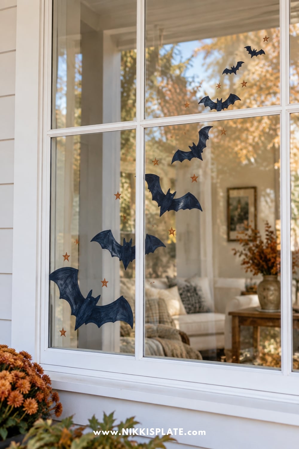 Dark painted bats rising diagonally across a front window with small rust stars.