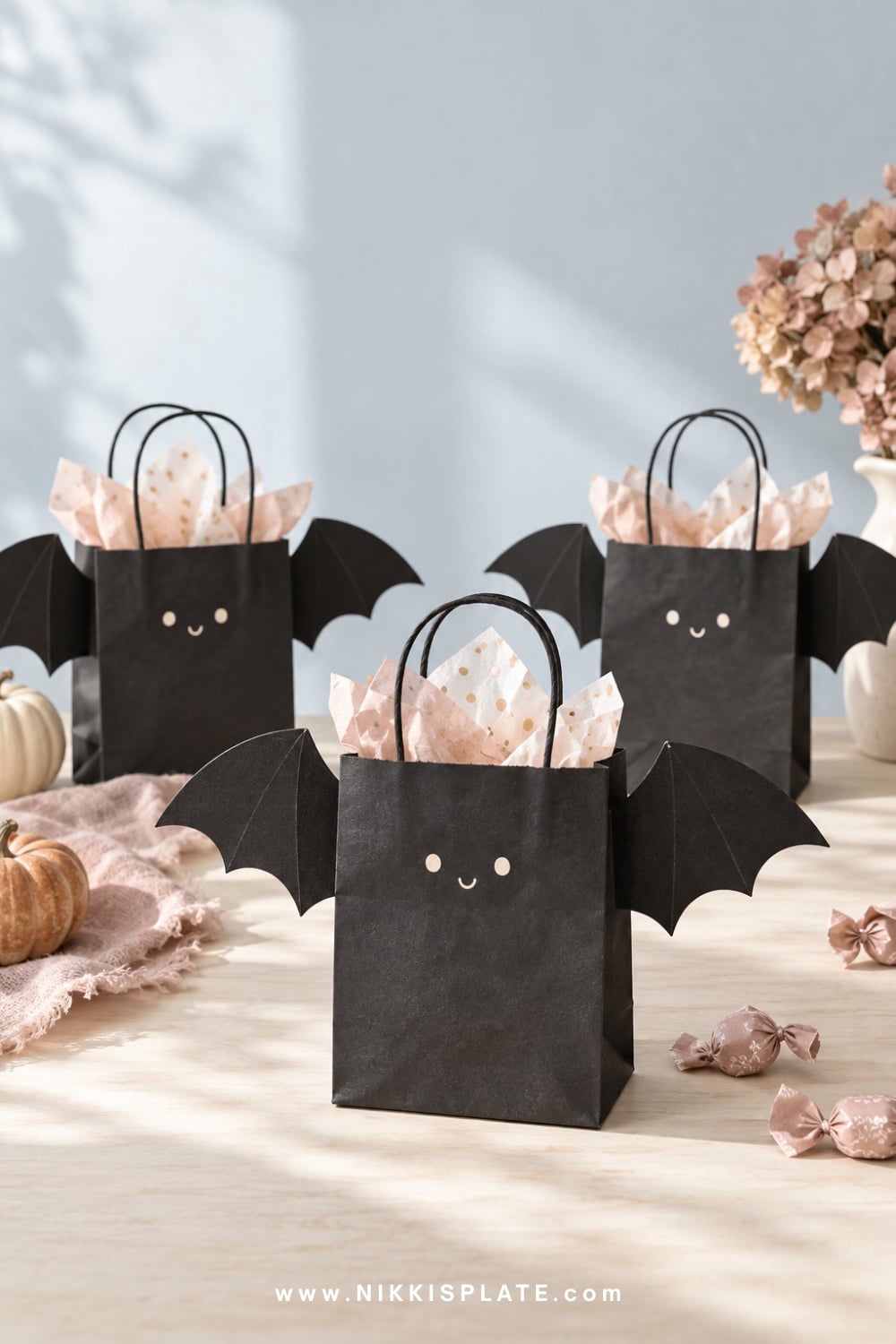 Black Halloween favour bags with scalloped paper bat wings.