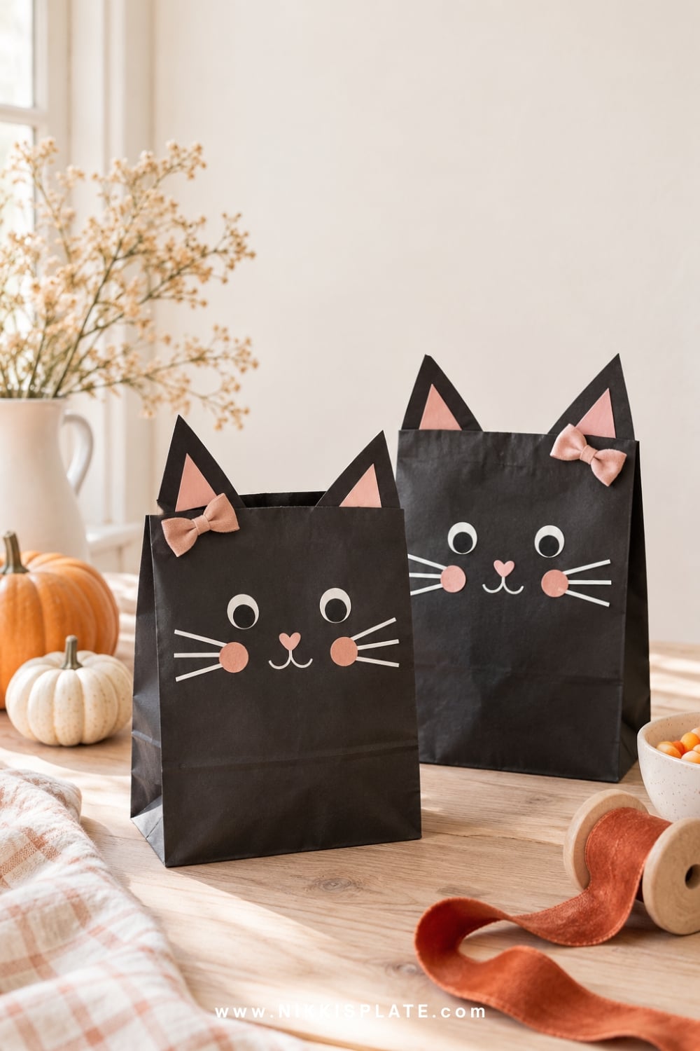 Matte black cat treat bags with paper ears, whiskers and blush bows.