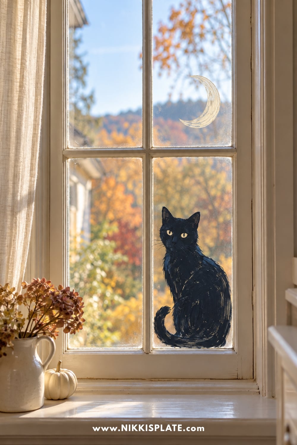 Black cat painted on a window beneath a small cream crescent moon.