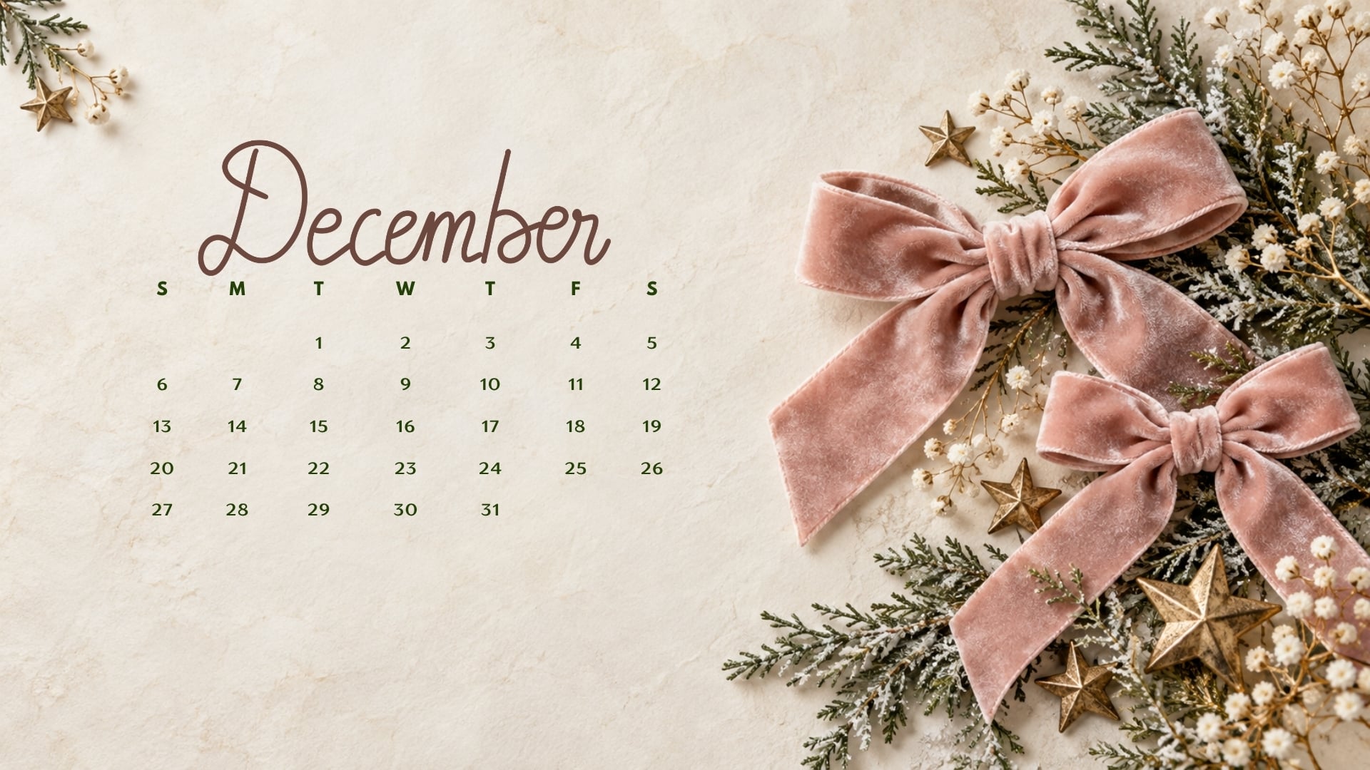 December 2026 desktop calendar with blush velvet bows and small matte gold stars on cream paper.
