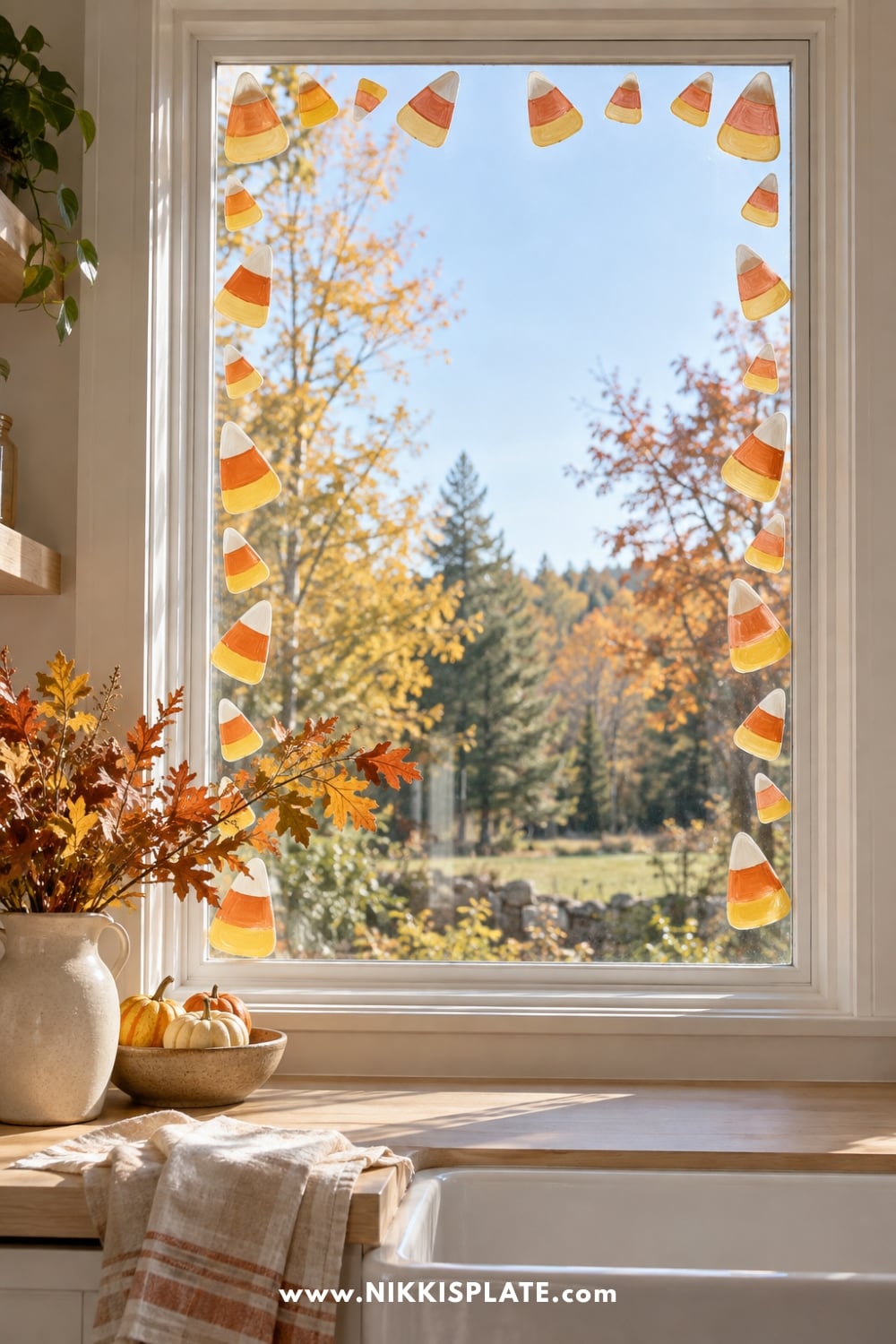 Painted candy corn bordering the top and sides of a kitchen window.