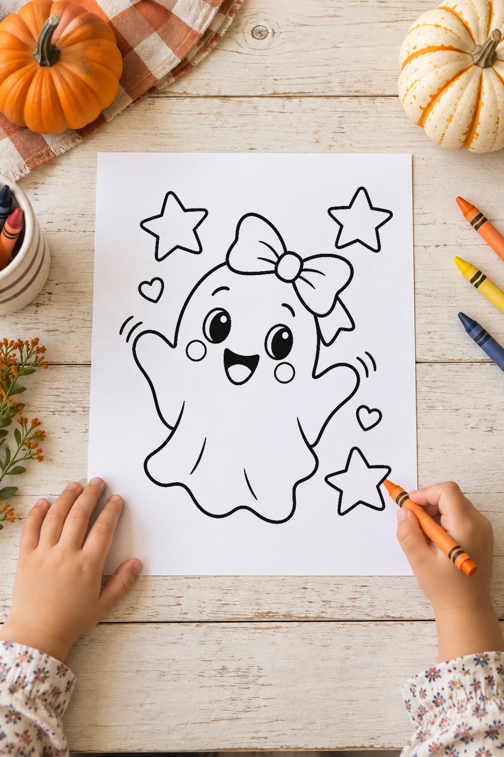 Child coloring a cute Halloween ghost printable with crayons at a bright farmhouse table.