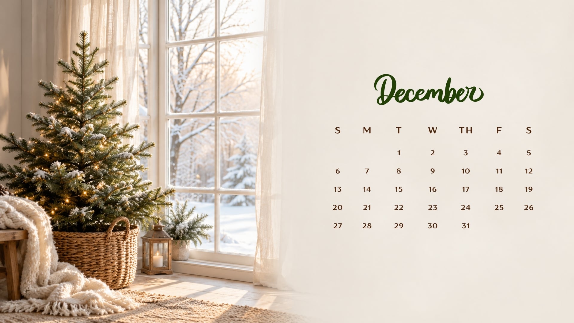 December 2026 desktop calendar with a small Christmas tree beside a farmhouse window overlooking a snowy landscape.