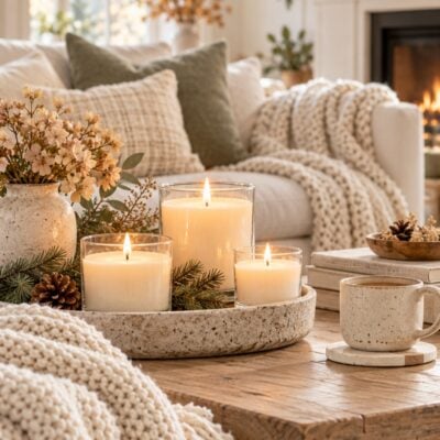 Clean-burning candles glowing on a coffee table in a cozy neutral living room with soft blankets, seasonal greenery, and warm decor.