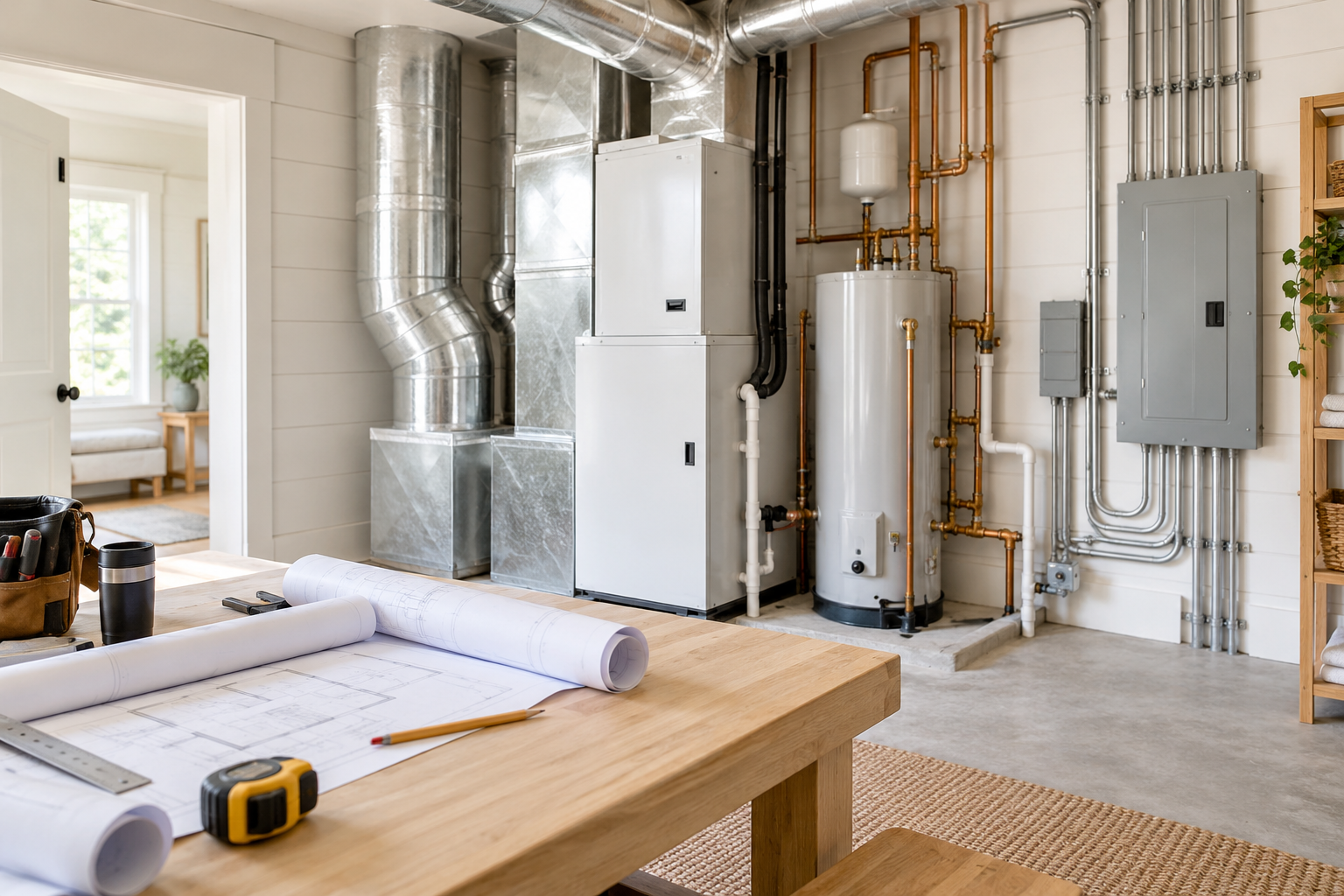 Modern HVAC, plumbing, and electrical systems coordinated inside a bright farmhouse mechanical room.