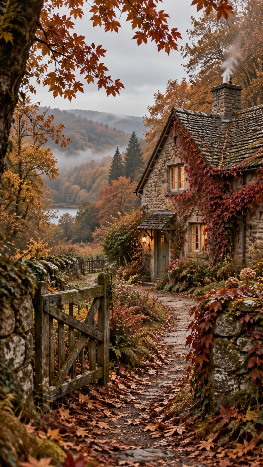 Cottagecore autumn iPhone wallpaper with an old stone cottage surrounded by colourful leaves.