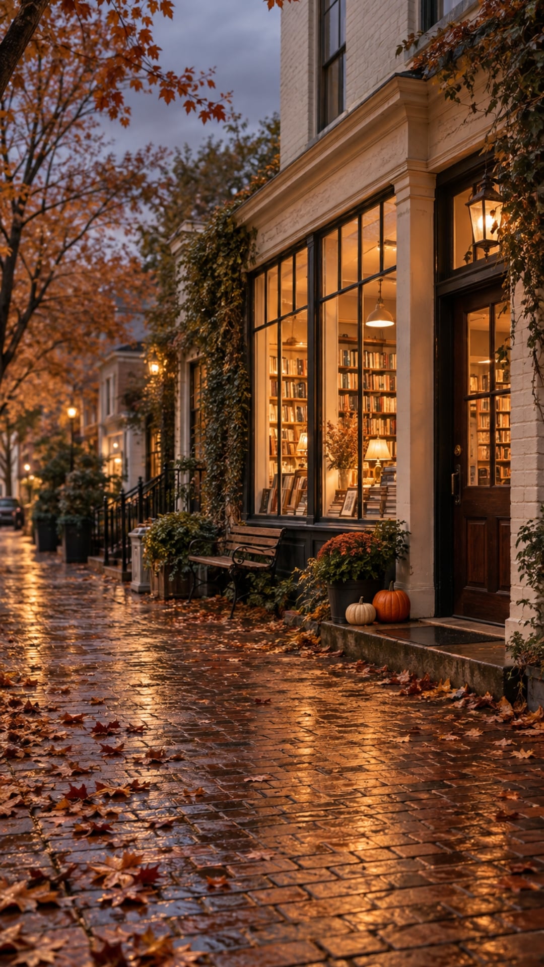 Cozy autumn street iPhone wallpaper with a glowing bookstore, brick walkway and fallen leaves.