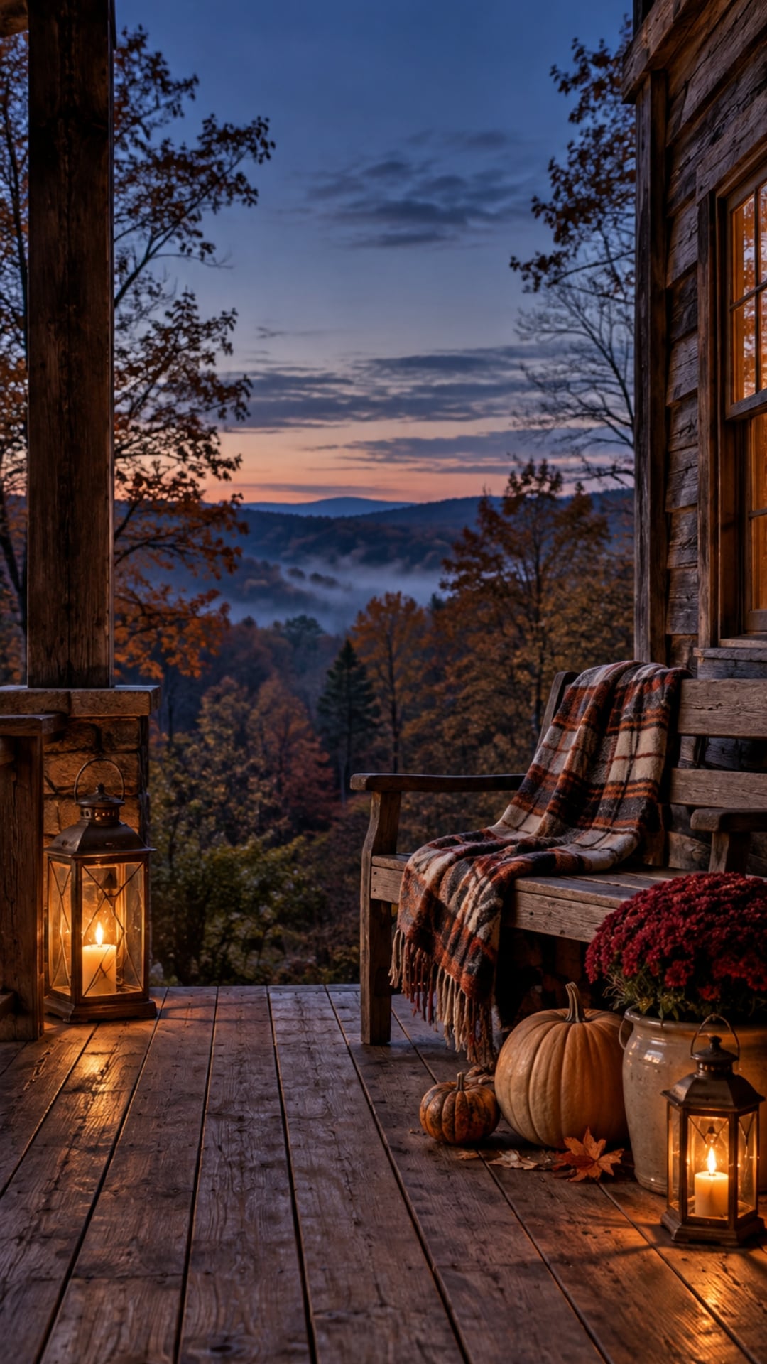 Cozy cabin fall iPhone wallpaper with pumpkins, lanterns and a plaid blanket at dusk.
