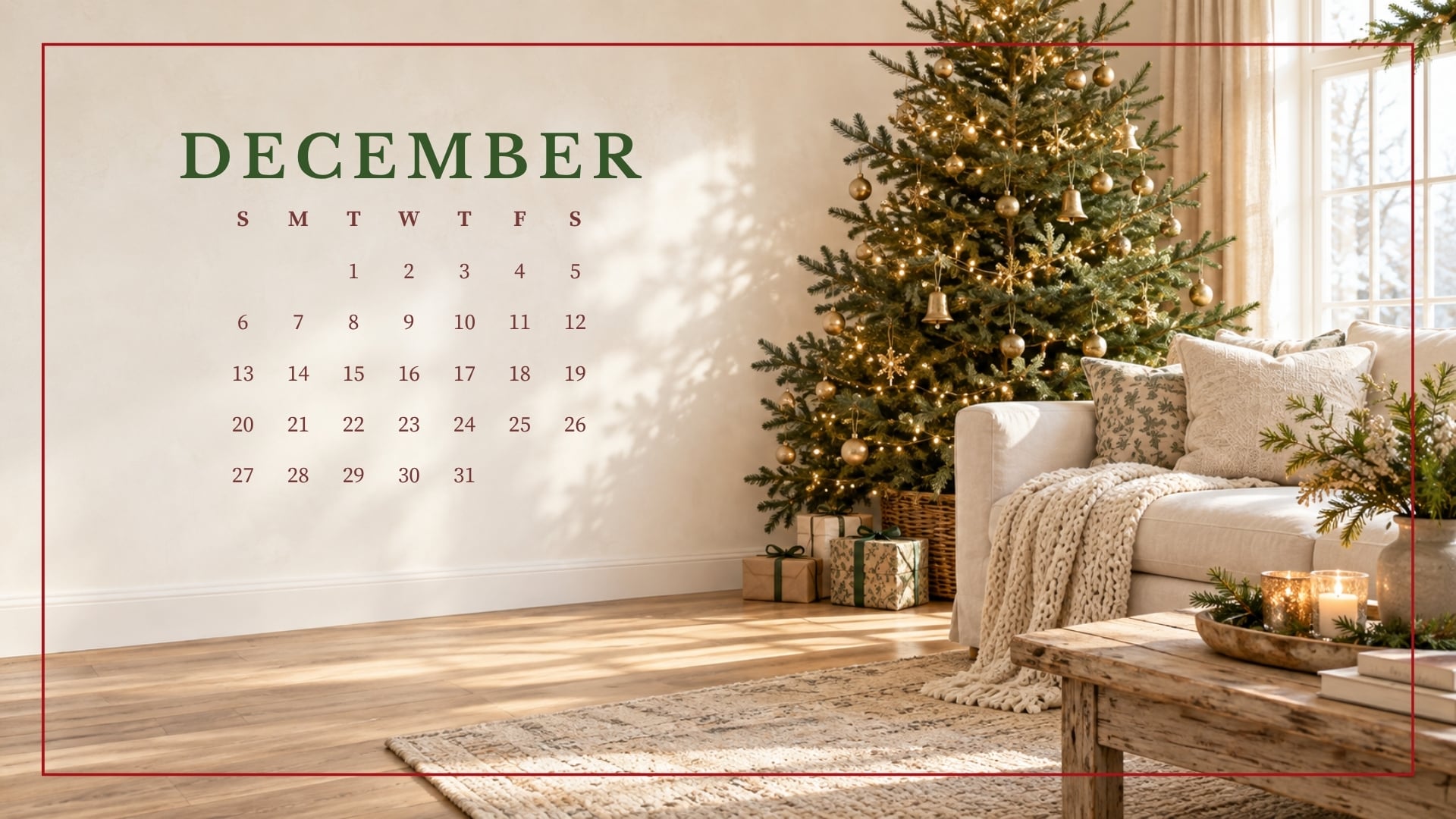 December 2026 desktop calendar with a softly lit Christmas tree, cream sofa and cozy farmhouse textures.