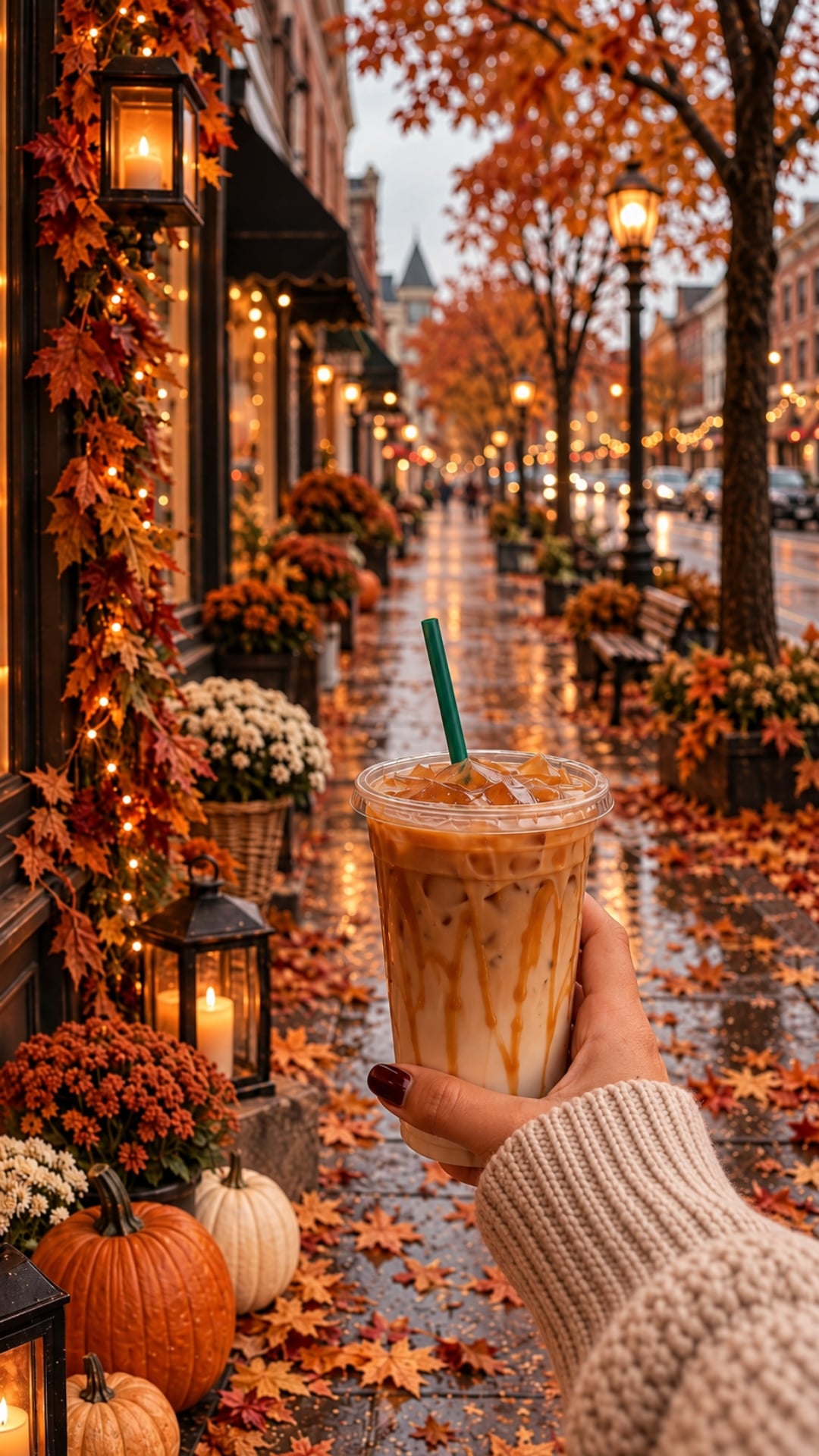 Cozy fall iPhone wallpaper featuring an iced caramel coffee, beige knit sweater, autumn leaves, pumpkins and glowing café lights on a rainy street.