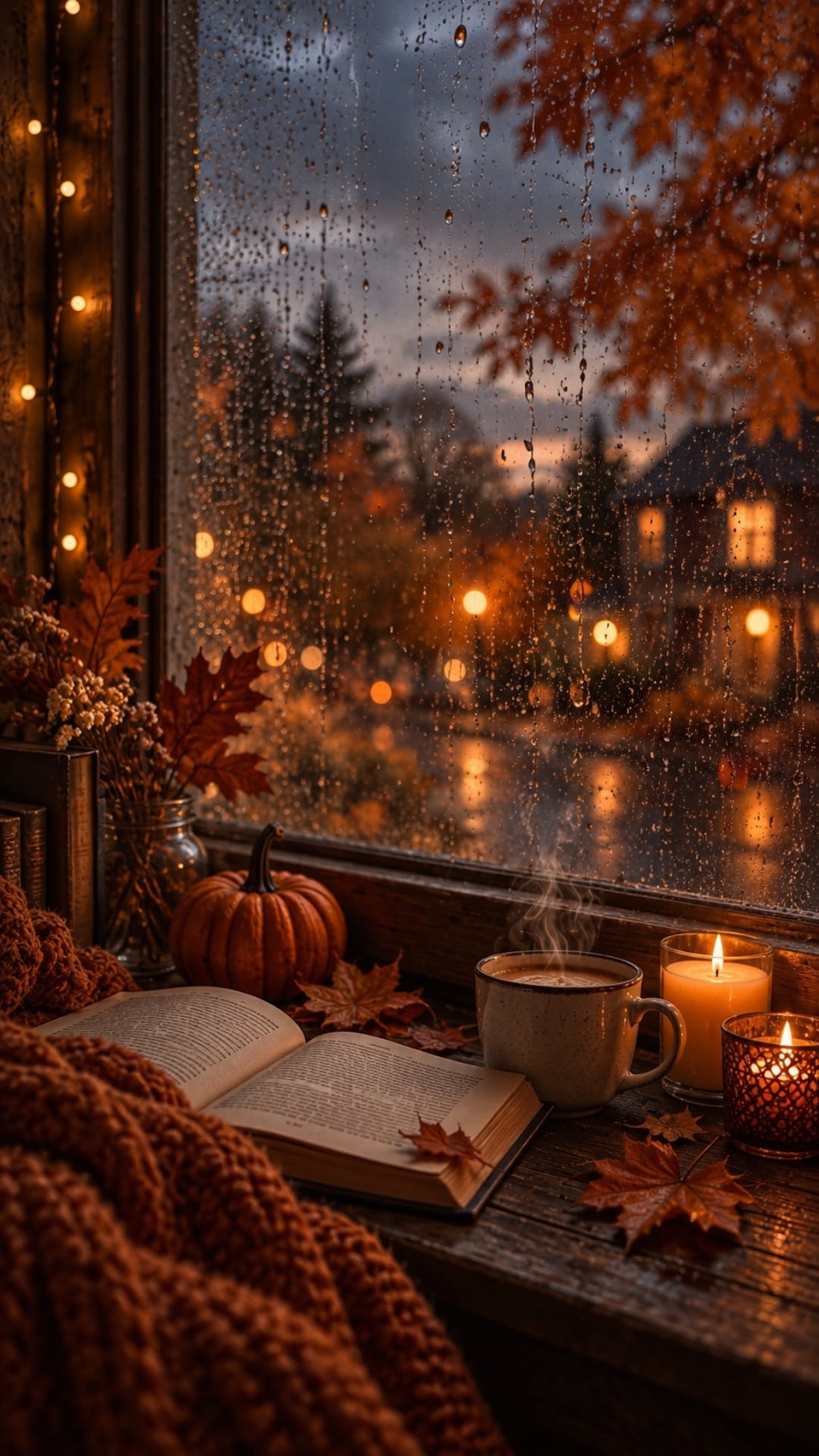 Cozy fall iPhone wallpaper with a steaming latte, open book and rain on a farmhouse window.