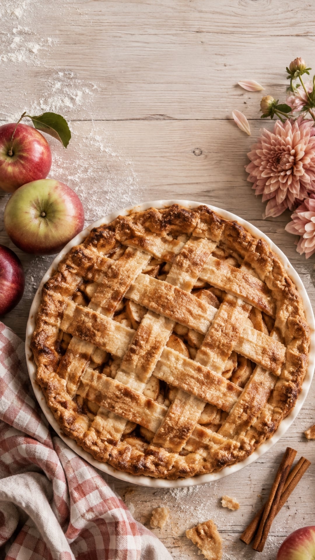 Cozy fall wallpaper for iPhone with homemade apple pie, cinnamon, apples and gingham linen.