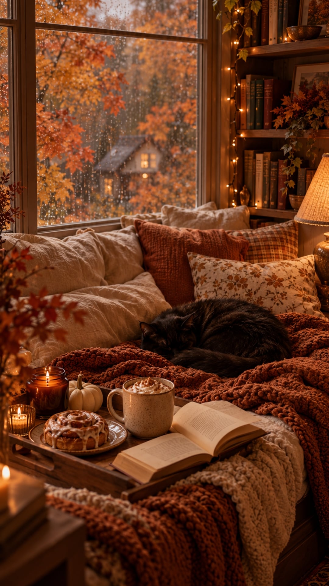 Cozy fall iPhone wallpaper featuring a rainy window, sleeping black cat, warm fairy lights, rust knit blankets, books and a cinnamon roll.