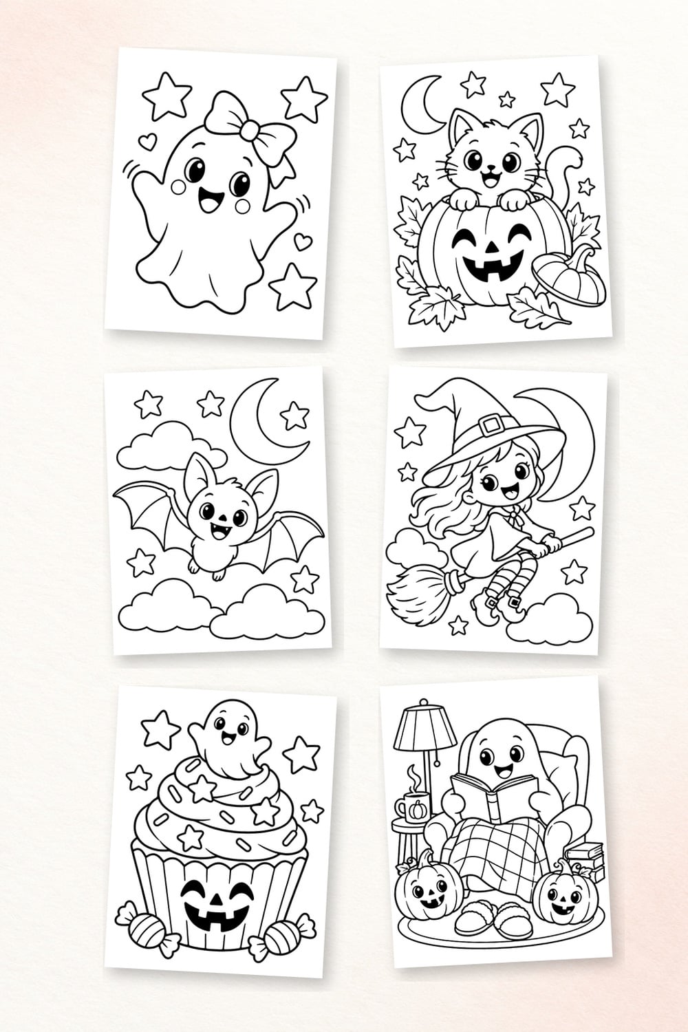 Free printable cute Halloween coloring pages preview with ghosts, pumpkins, cat, witch, bat and candy designs.