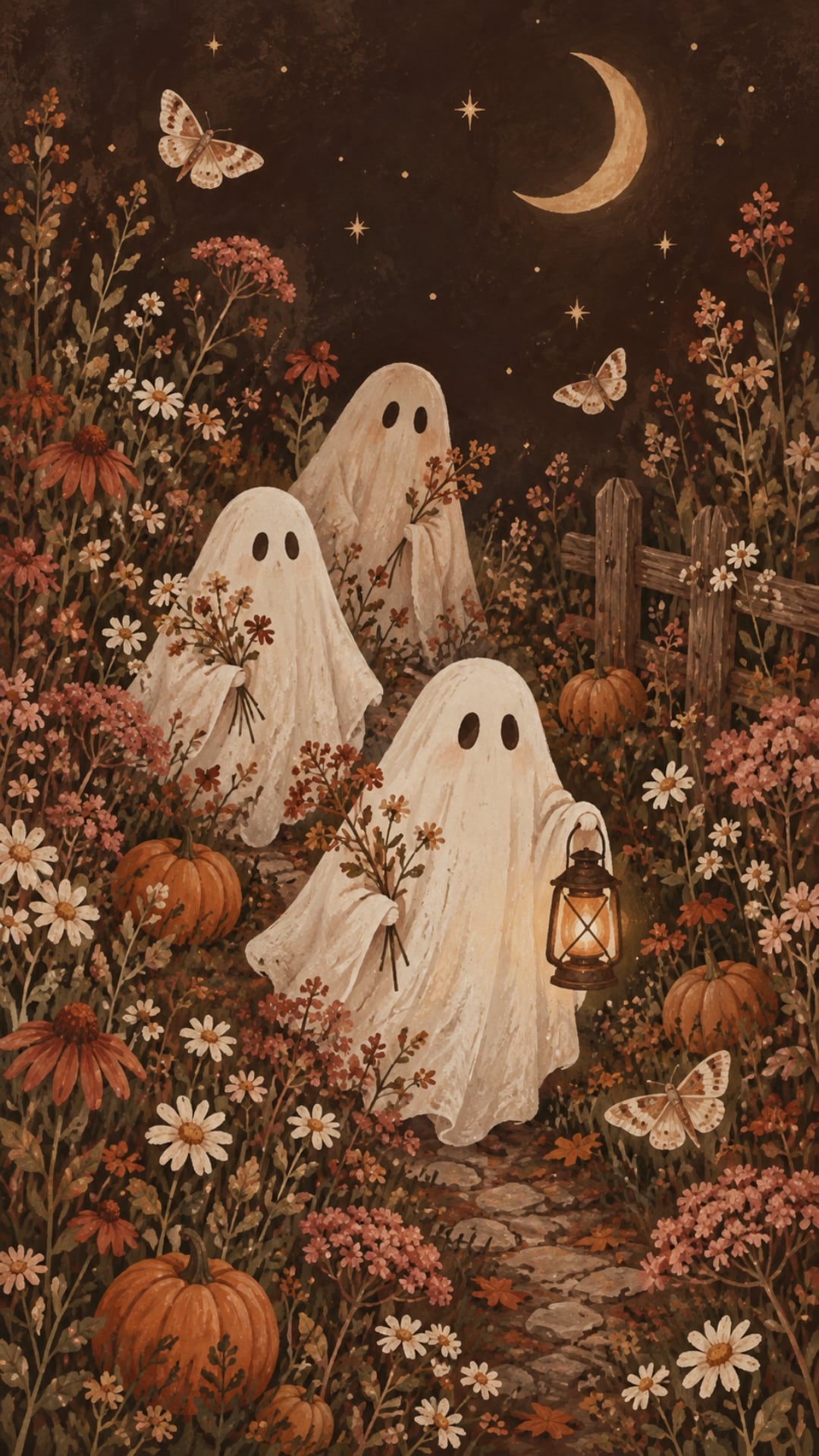 Cute Halloween fall iPhone wallpaper with friendly sheet ghosts among autumn wildflowers.
