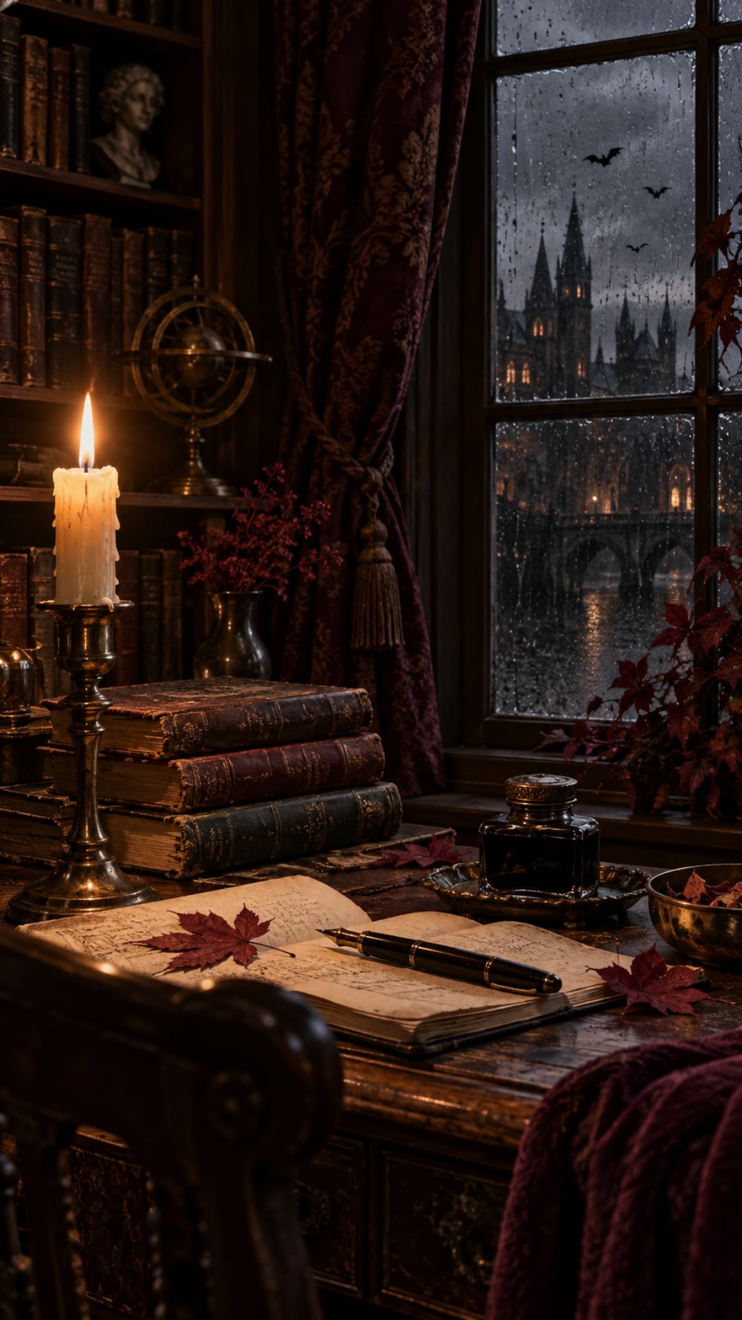 Dark academia fall iPhone wallpaper with old books, candlelight, autumn leaves and subtle bats.