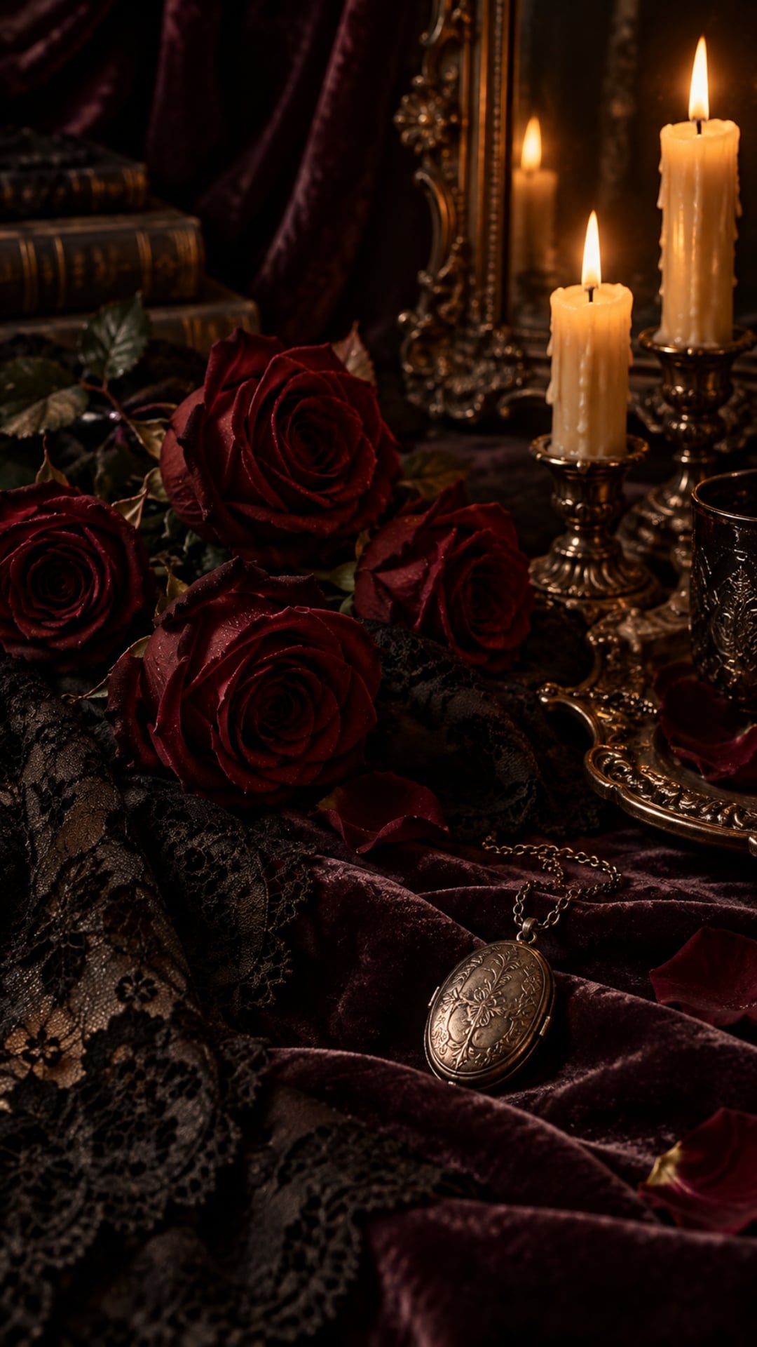 Dark romantic Halloween iPhone wallpaper with burgundy roses, black lace, candles and plum velvet.