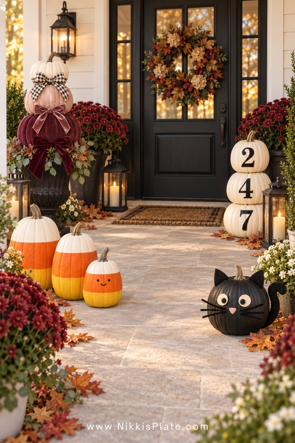 No-carve pumpkins styled on a cozy farmhouse porch with mums, lanterns and autumn leaves.