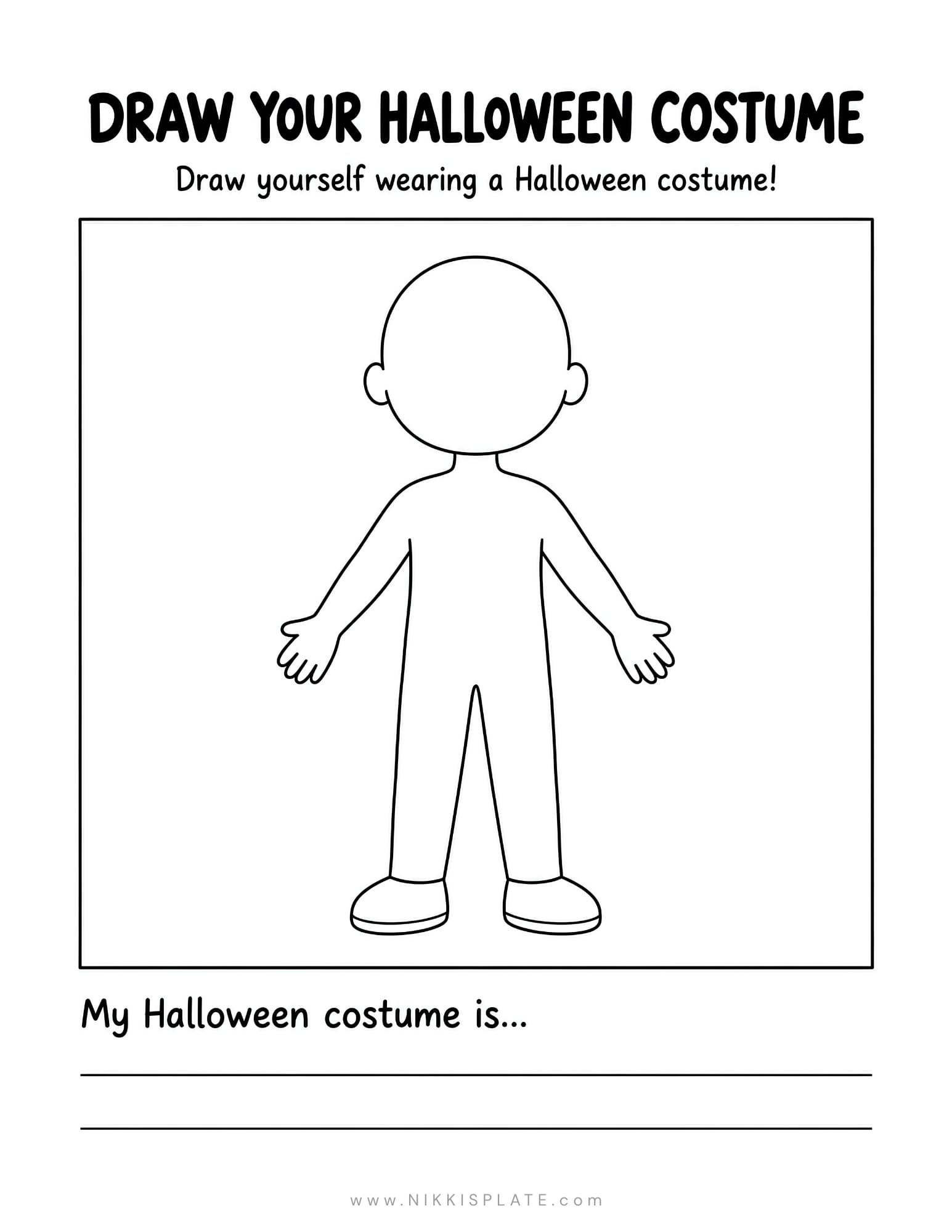 Draw your Halloween costume activity sheet with a blank child figure and writing space to describe the costume.