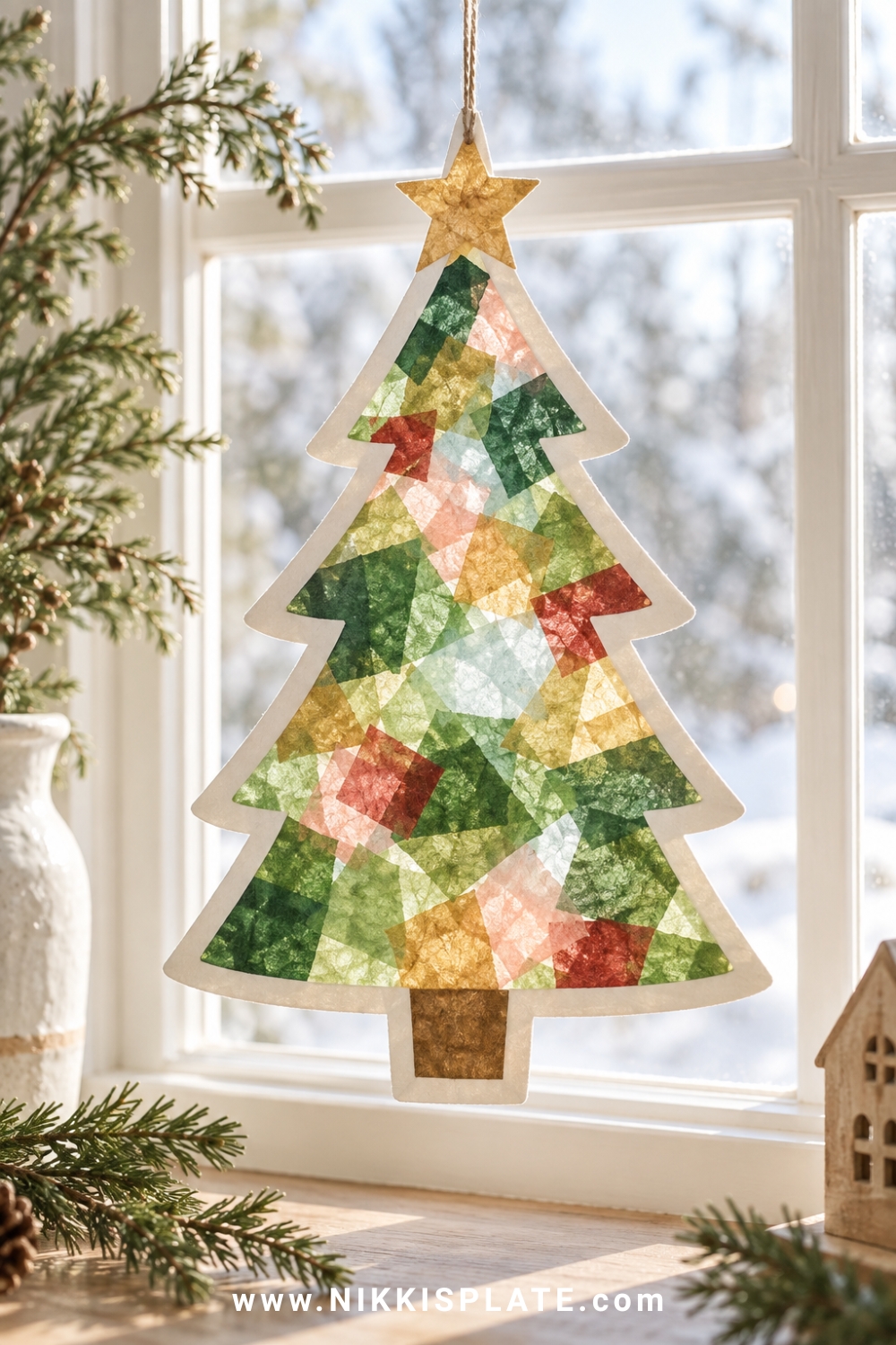 Tissue paper Christmas tree suncatcher glowing in a bright farmhouse window with a snowy view.