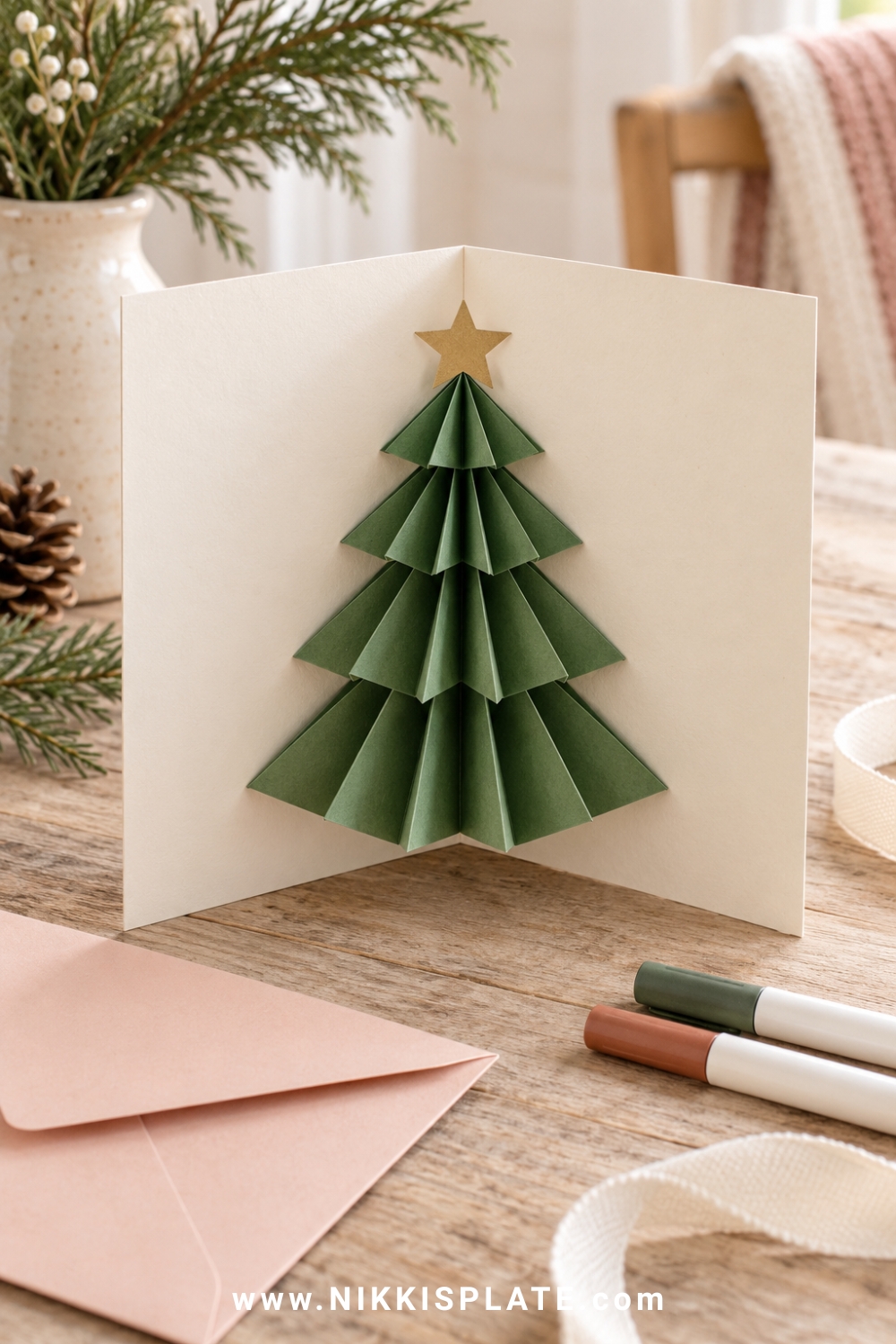 Open handmade Christmas card with a dimensional accordion-folded green tree and gold star.