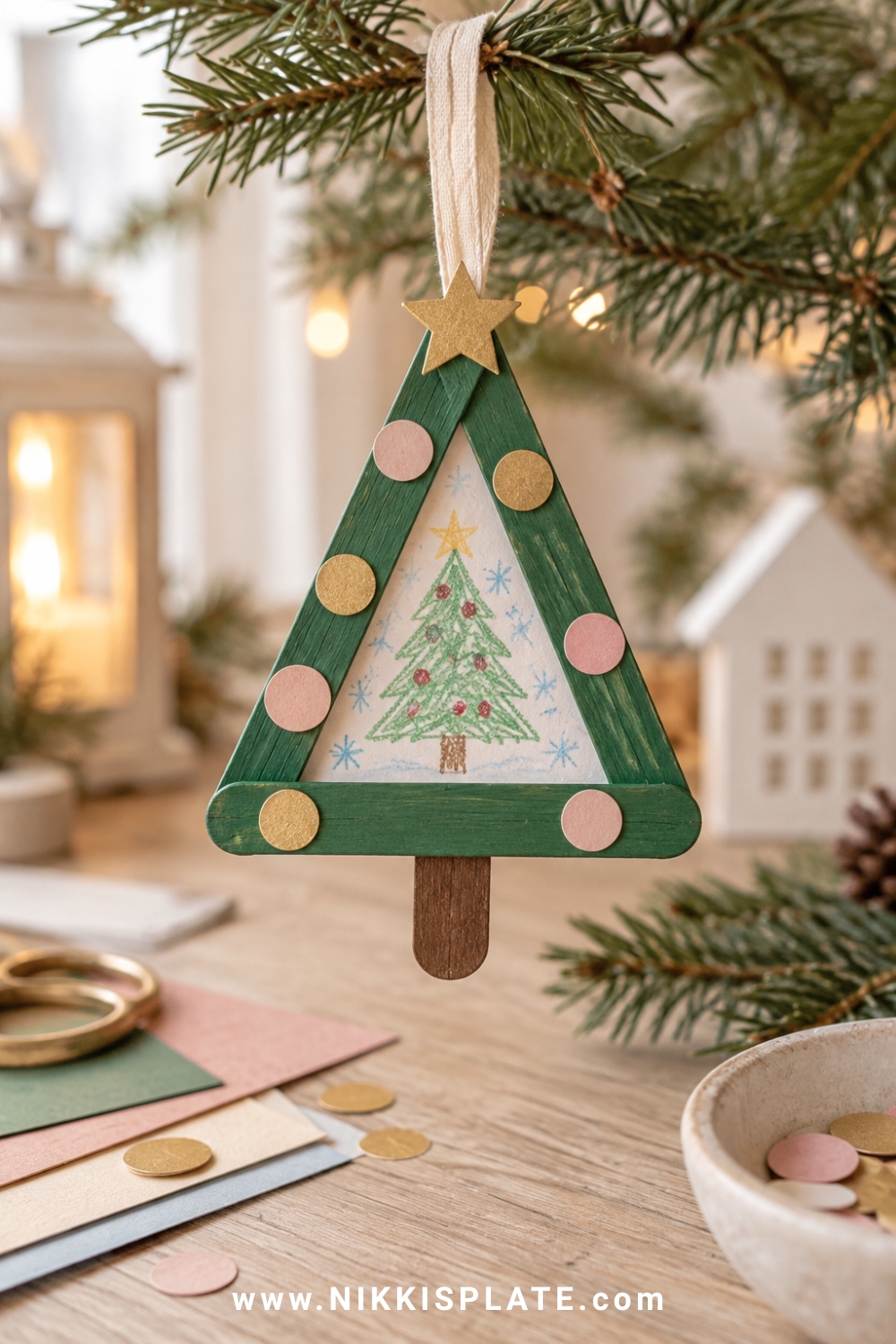 Popsicle stick Christmas tree ornament with child artwork, pastel decorations and cream ribbon.
