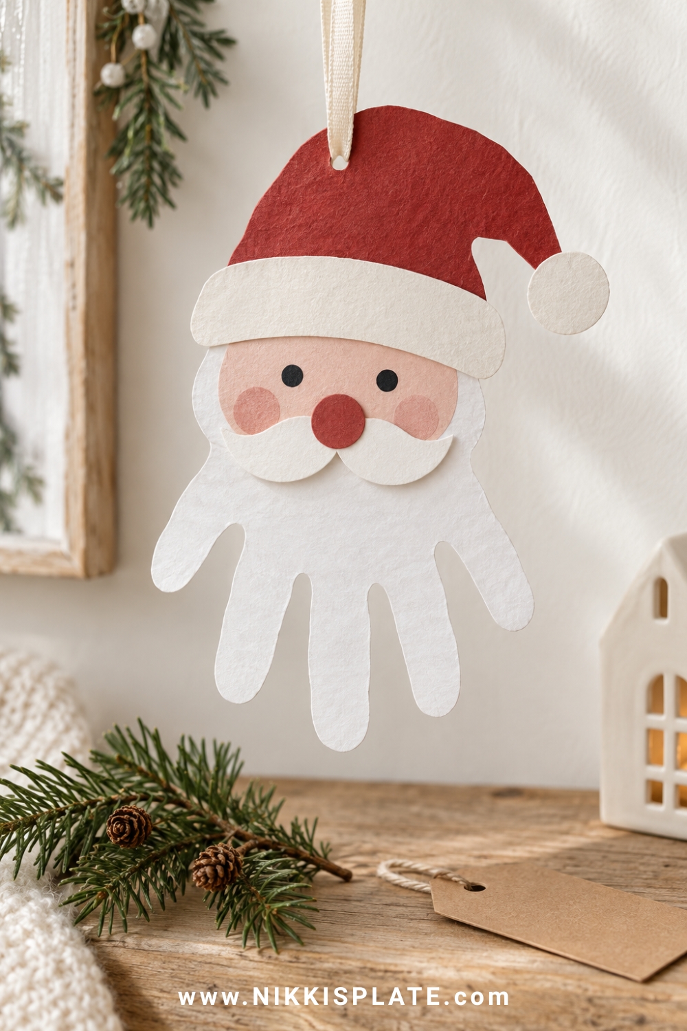 Paper Santa keepsake with a white handprint beard, muted red hat and cream ribbon.