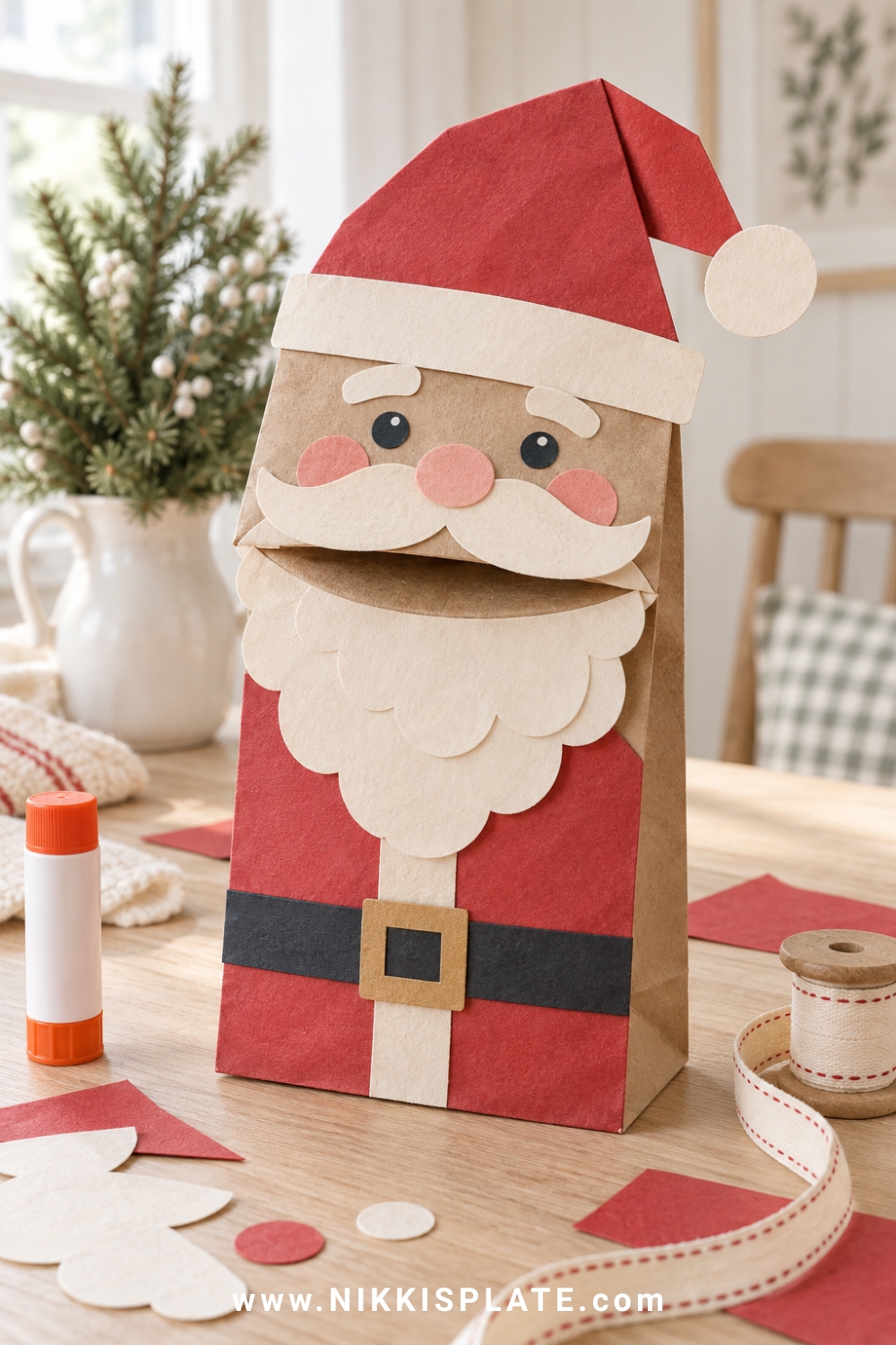 Paper bag Santa puppet with a movable mouth, red suit and layered cream paper beard.