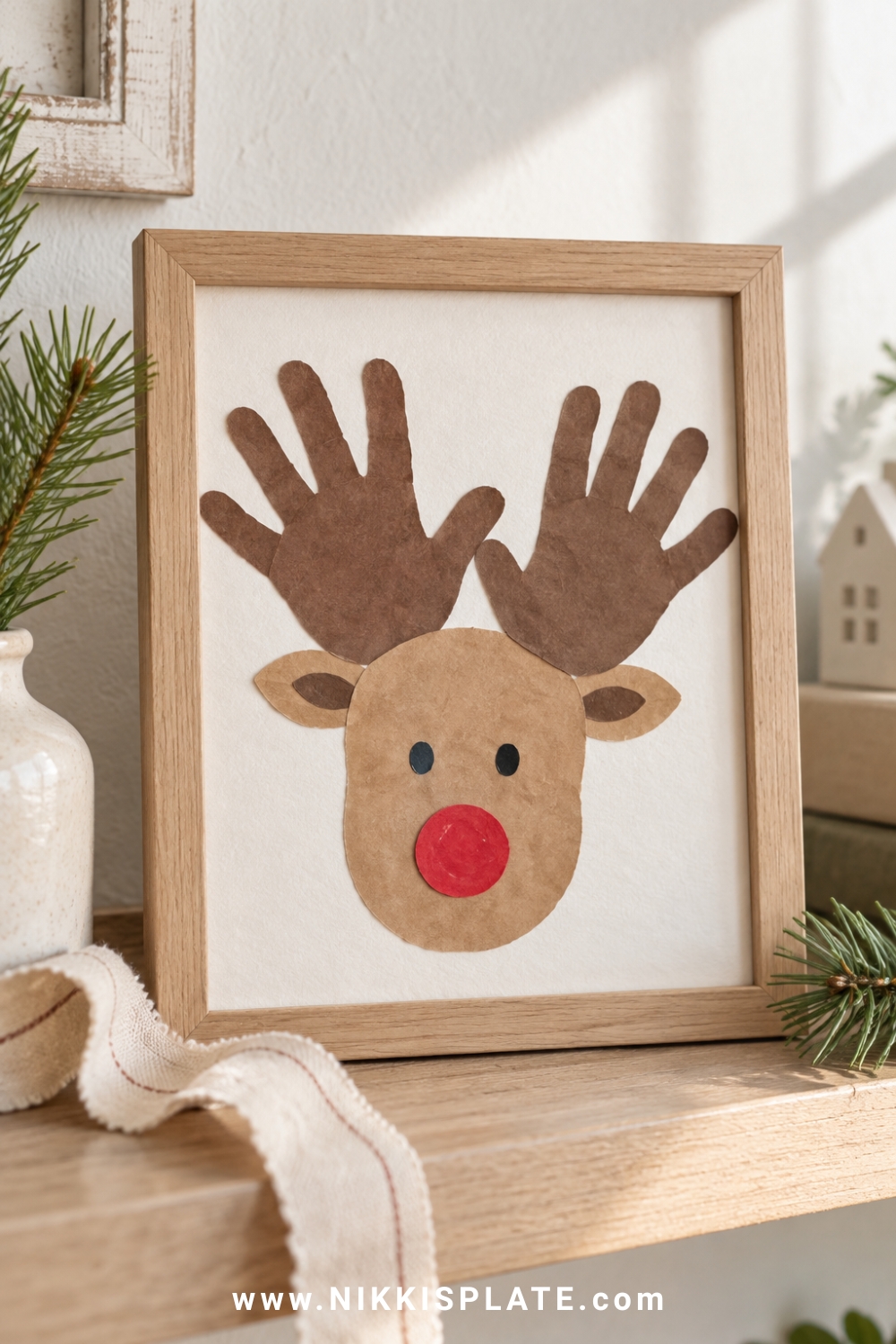Framed reindeer keepsake with brown handprint antlers, tan paper face and red nose.