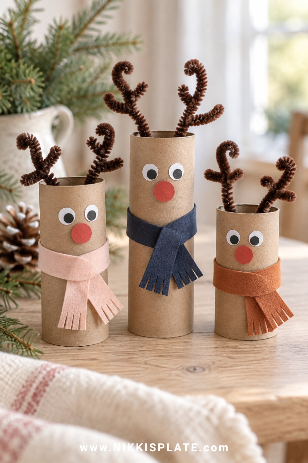 Three cardboard tube reindeer with pipe-cleaner antlers and blush, navy and rust scarves.