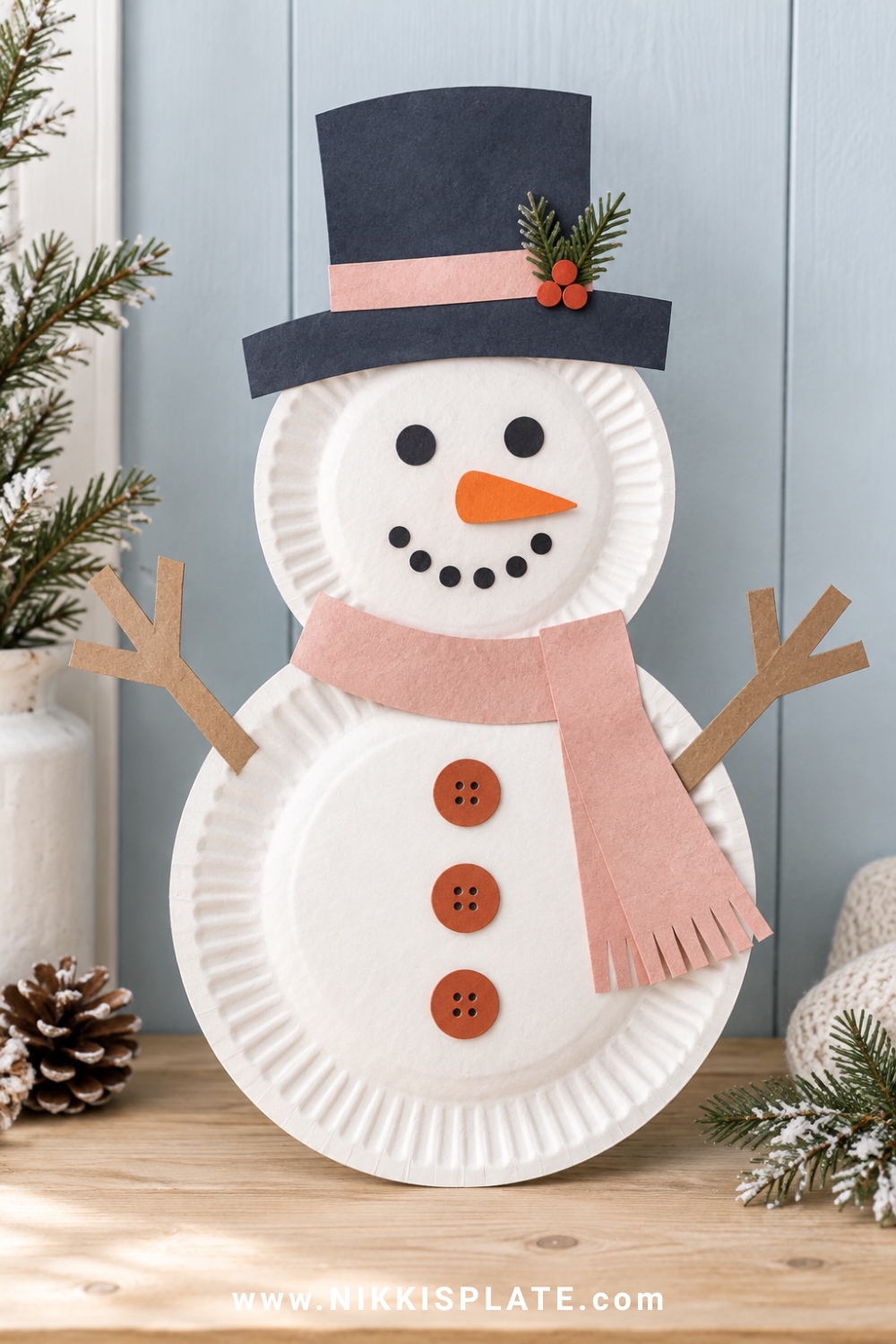 Two-plate snowman craft with navy hat, blush scarf, carrot nose and rust buttons.