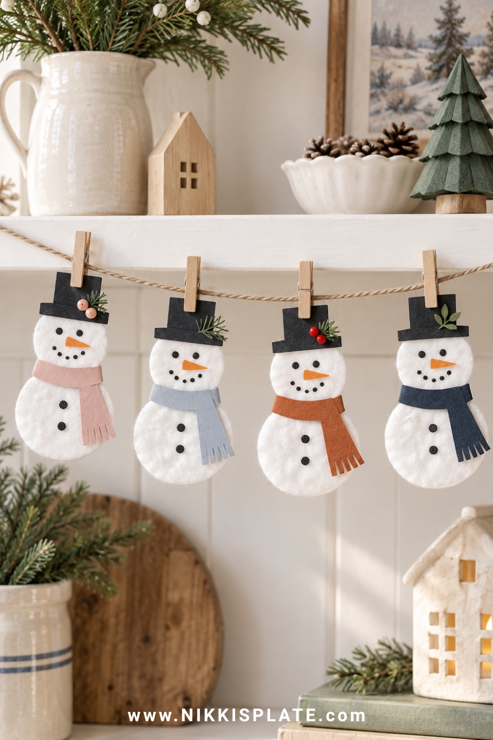 Four cotton pad snowmen with colourful paper scarves clipped to natural twine.