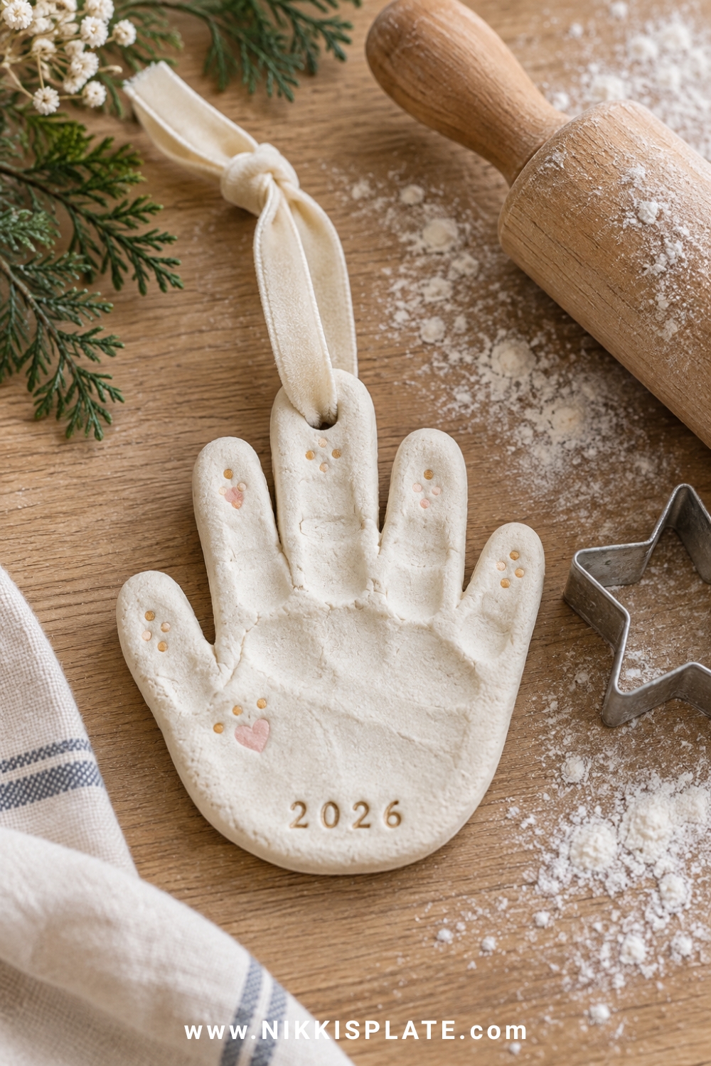 Salt dough handprint ornament painted warm white with tiny blush and gold details, cream velvet ribbon, stamped year and a rolling pin in the background.