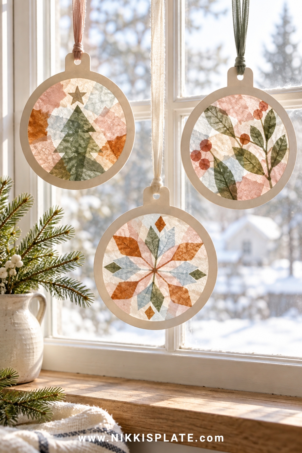 Three contact paper bauble suncatchers glowing in a window, filled with translucent blush, pale blue, rust, green and cream tissue paper, simple ribbon tops.