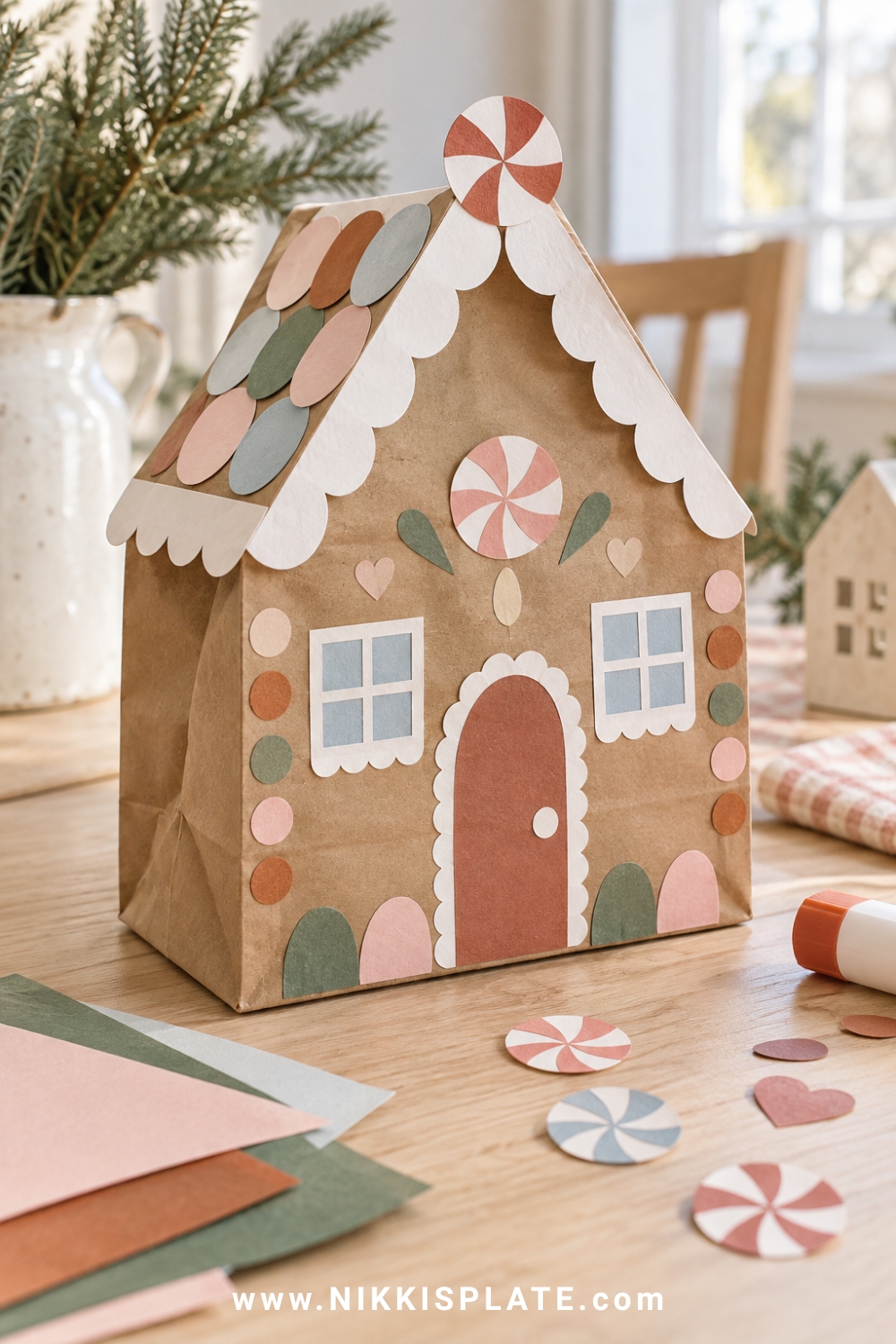 A standing brown paper bag gingerbread house decorated with oversized blush, pale blue, cream, rust and green paper candy shapes and white paper icing.
