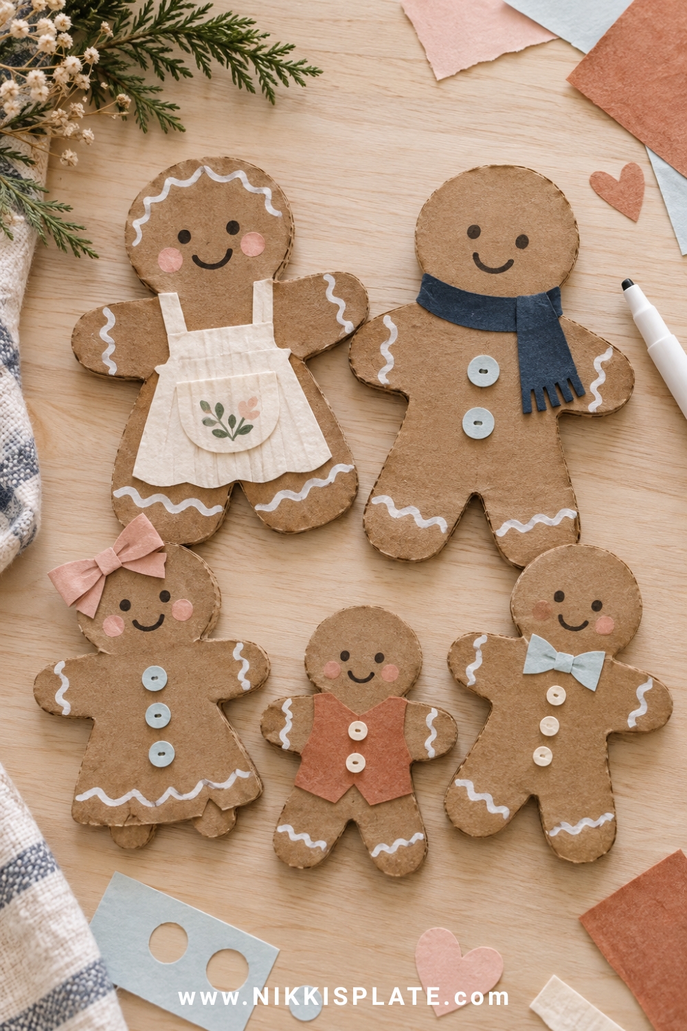A group of cardboard gingerbread people with white drawn icing, tiny paper aprons, scarves and bows in nikki's plate colours, arranged like family.