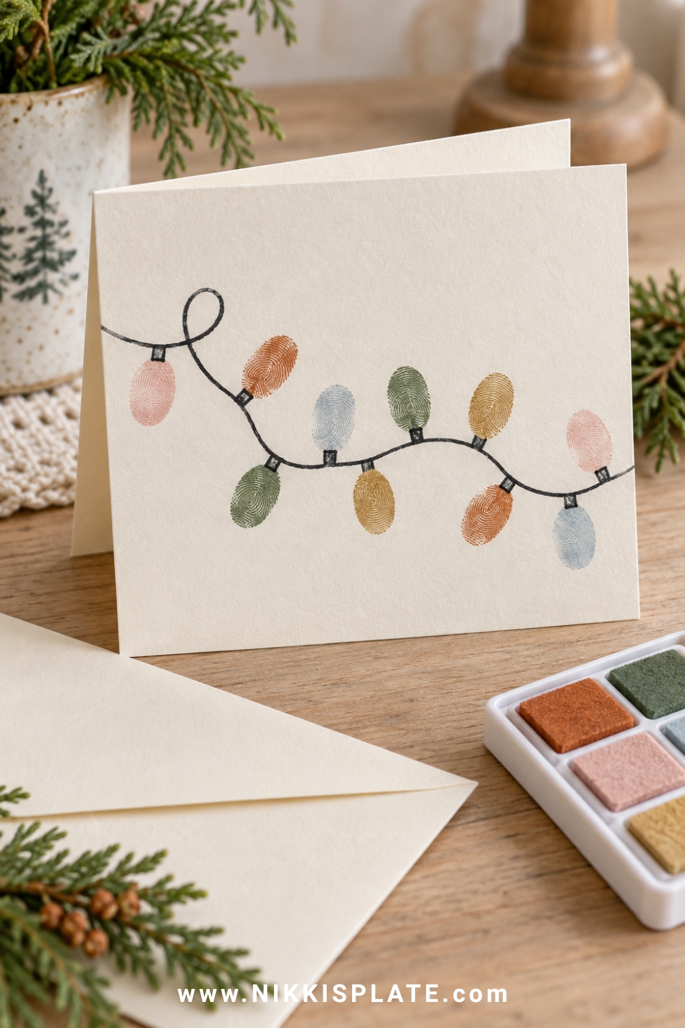 A handmade fingerprint christmas light card with a looping black cord and colourful blush, rust, pale blue, green and gold fingerprint bulbs beside a cream envelope.