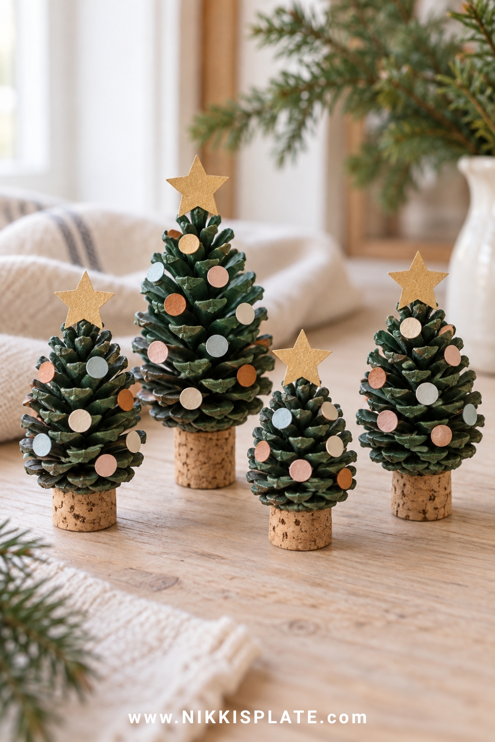 Miniature pinecone christmas trees painted muted green with cream, blush, rust and pale blue paper dots, small natural cork bases and gold paper stars.
