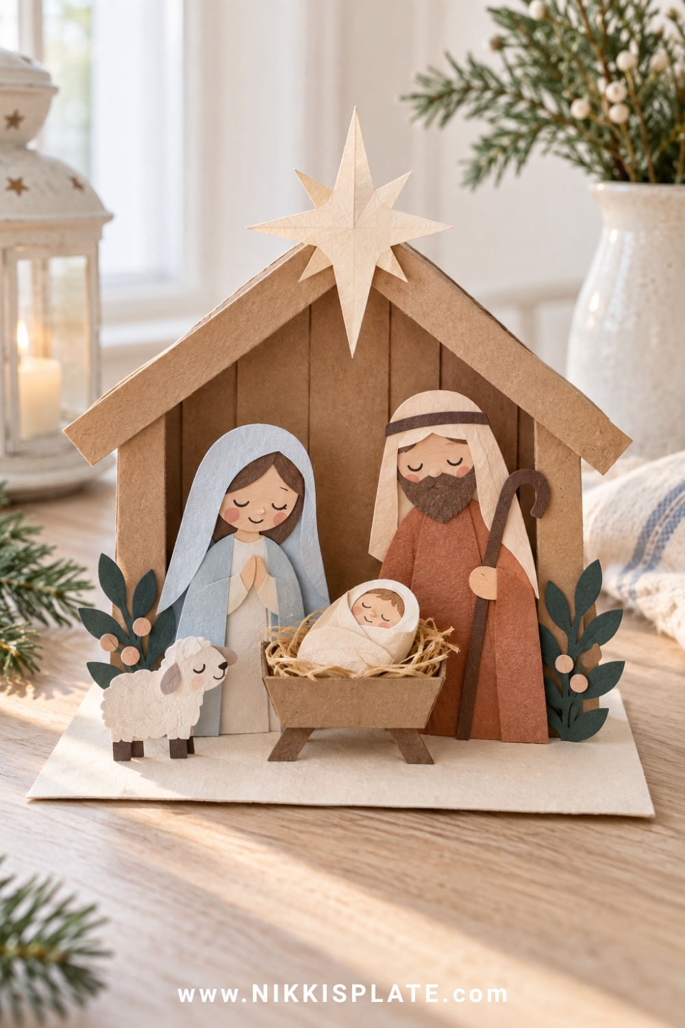 A gentle paper nativity scene with a kraft paper stable, simple rounded figures, a cream star and soft blush, navy, rust and pale blue clothing on a folded cardstock base.