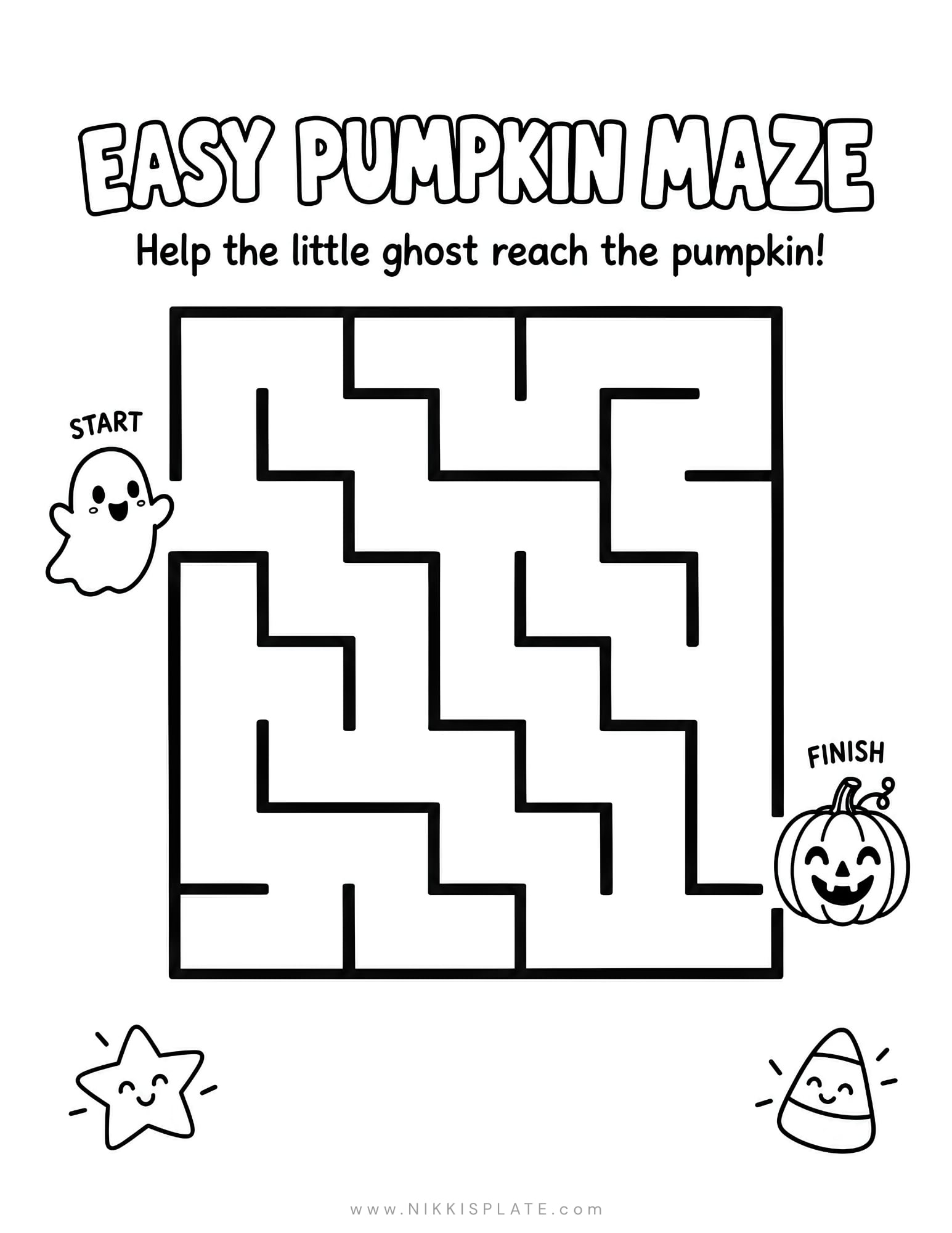 Easy Halloween pumpkin maze for kids helping a friendly ghost find its way to a jack-o'-lantern.