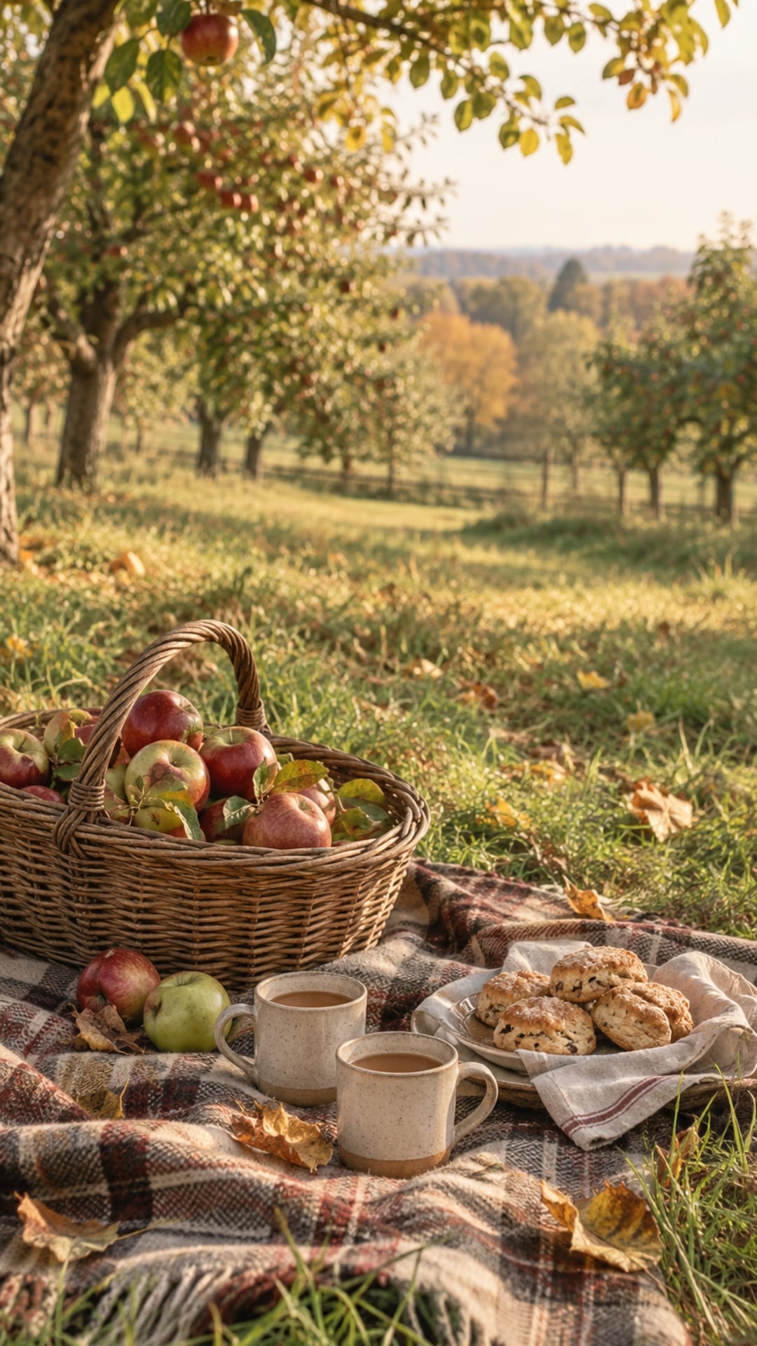 Fall aesthetic iPhone wallpaper with a plaid orchard picnic, apples, cider and golden leaves.