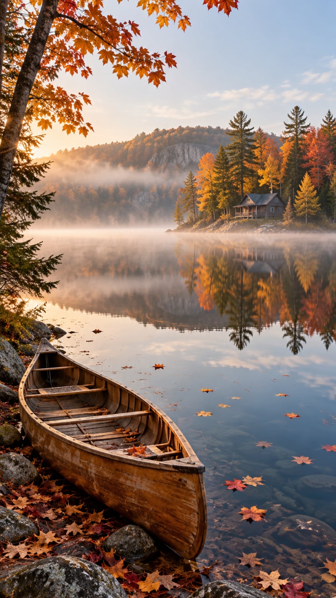 Fall nature iPhone wallpaper with a wooden canoe on a calm lake surrounded by golden trees.
