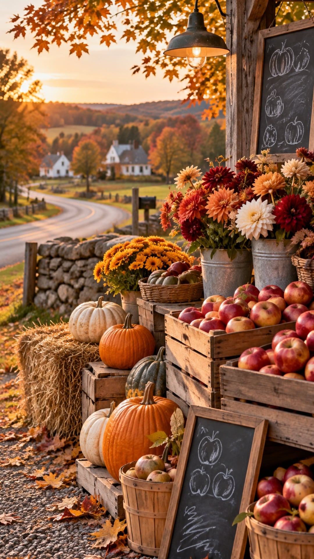 Fall iPhone wallpaper with a rustic farmstand, pumpkins, apples, mums and handwritten price signs.