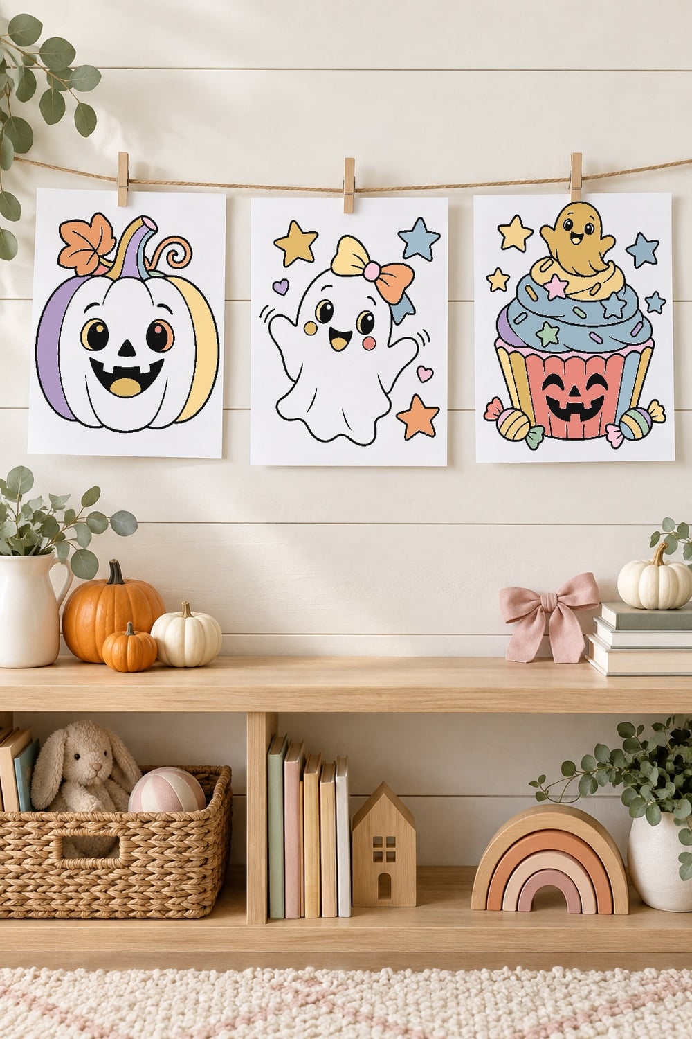 Cute Halloween coloring pages and crayons arranged for a kids classroom or party activity.