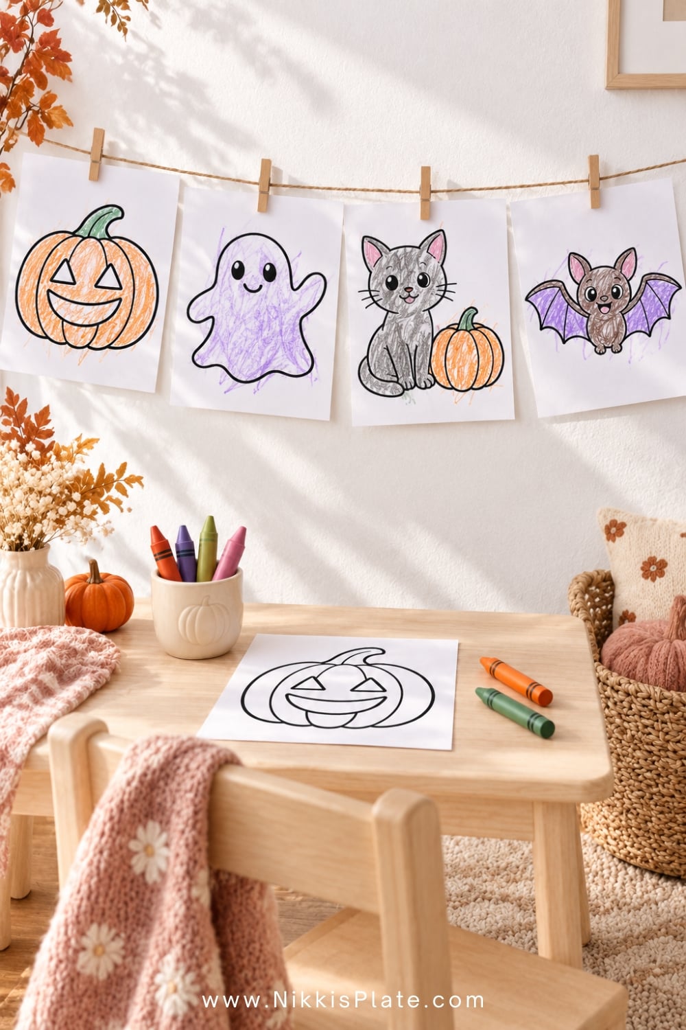 Finished toddler Halloween coloring pages displayed on twine with mini clothespins above a simple October activity table.